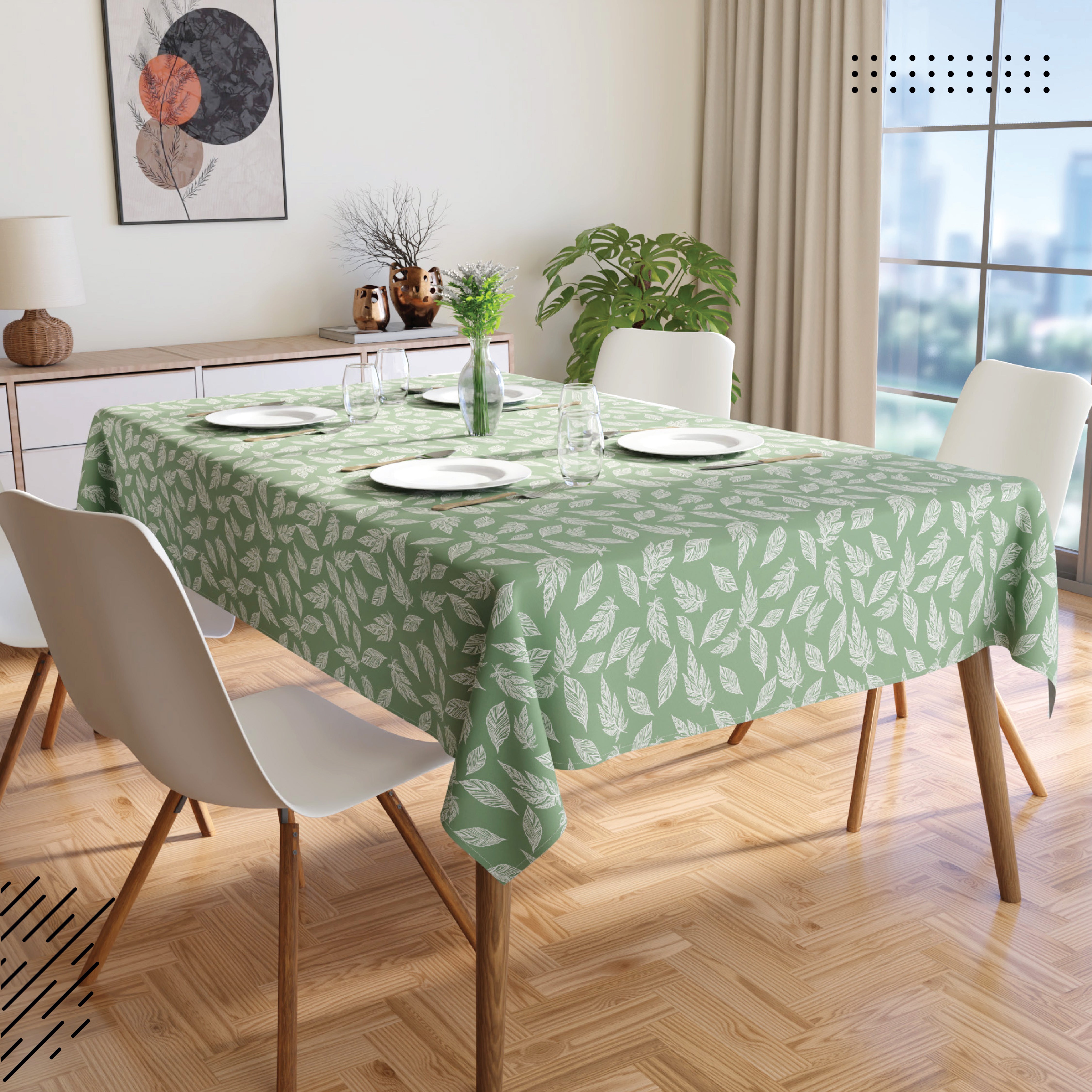 Cotton Big Leaves Green Table Cloth (Pack of 1)