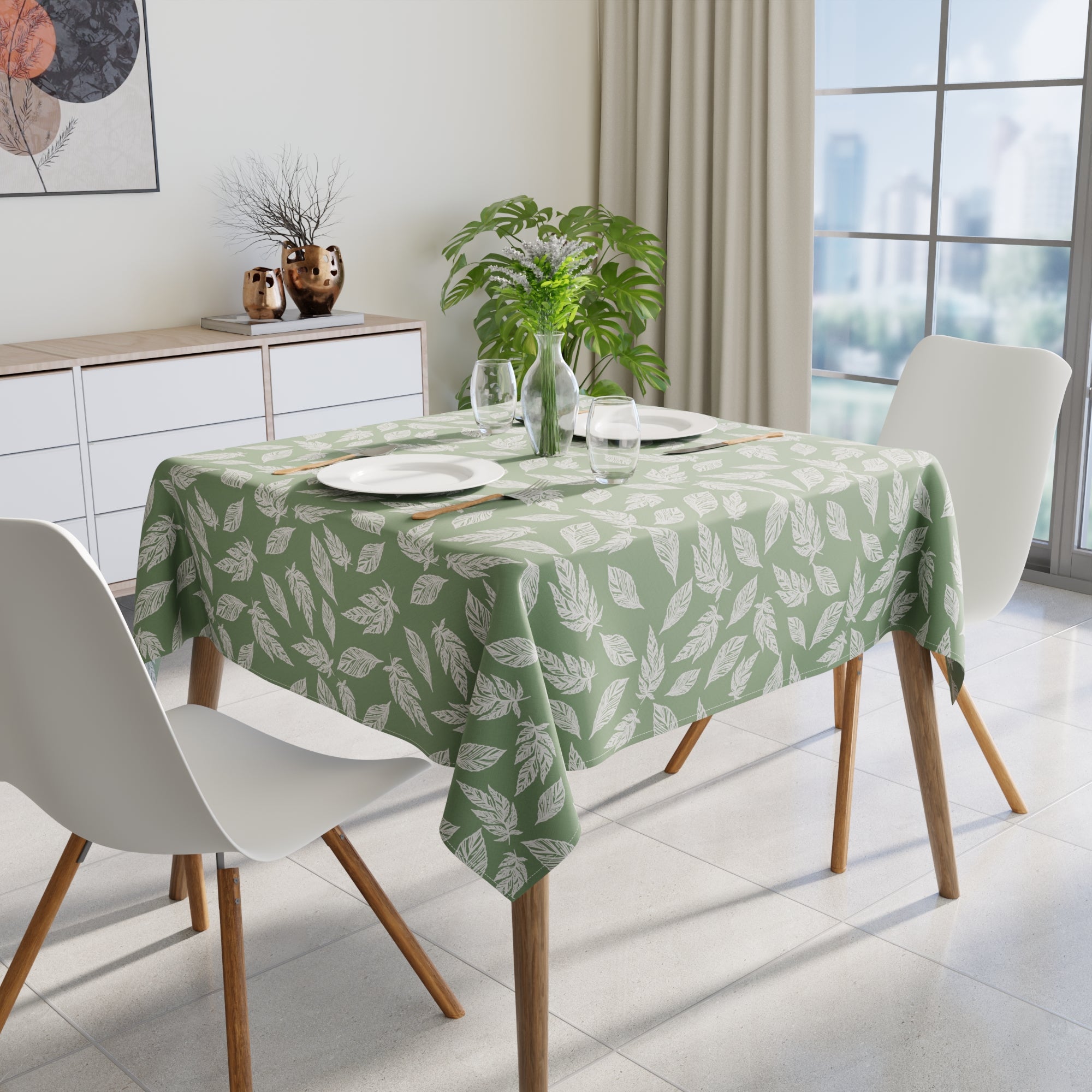 Cotton Big Leaves Green Table Cloth (Pack of 1)