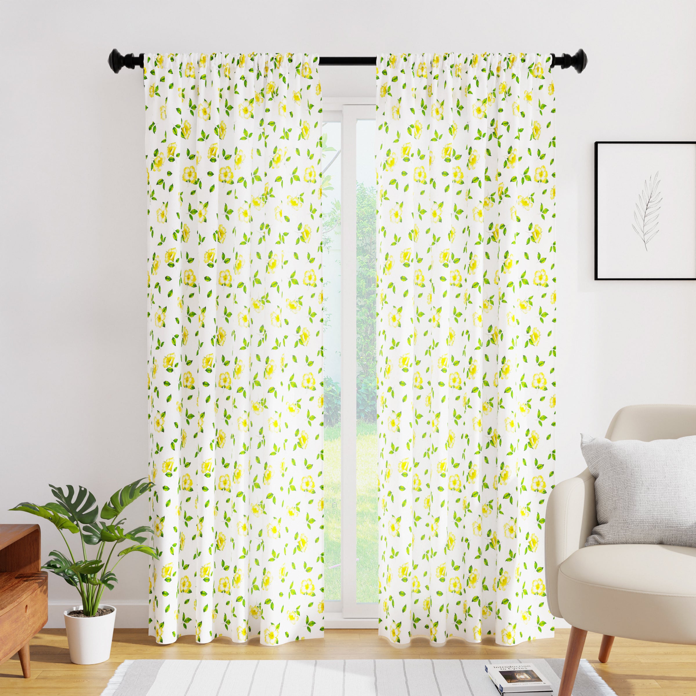 Polyester Hibiscus Yellow Curtain (Pack of 2)