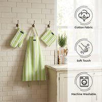 Cotton Franca Lime Stripes Apron + Oven Glove + Pot Holder (Pack of 3)