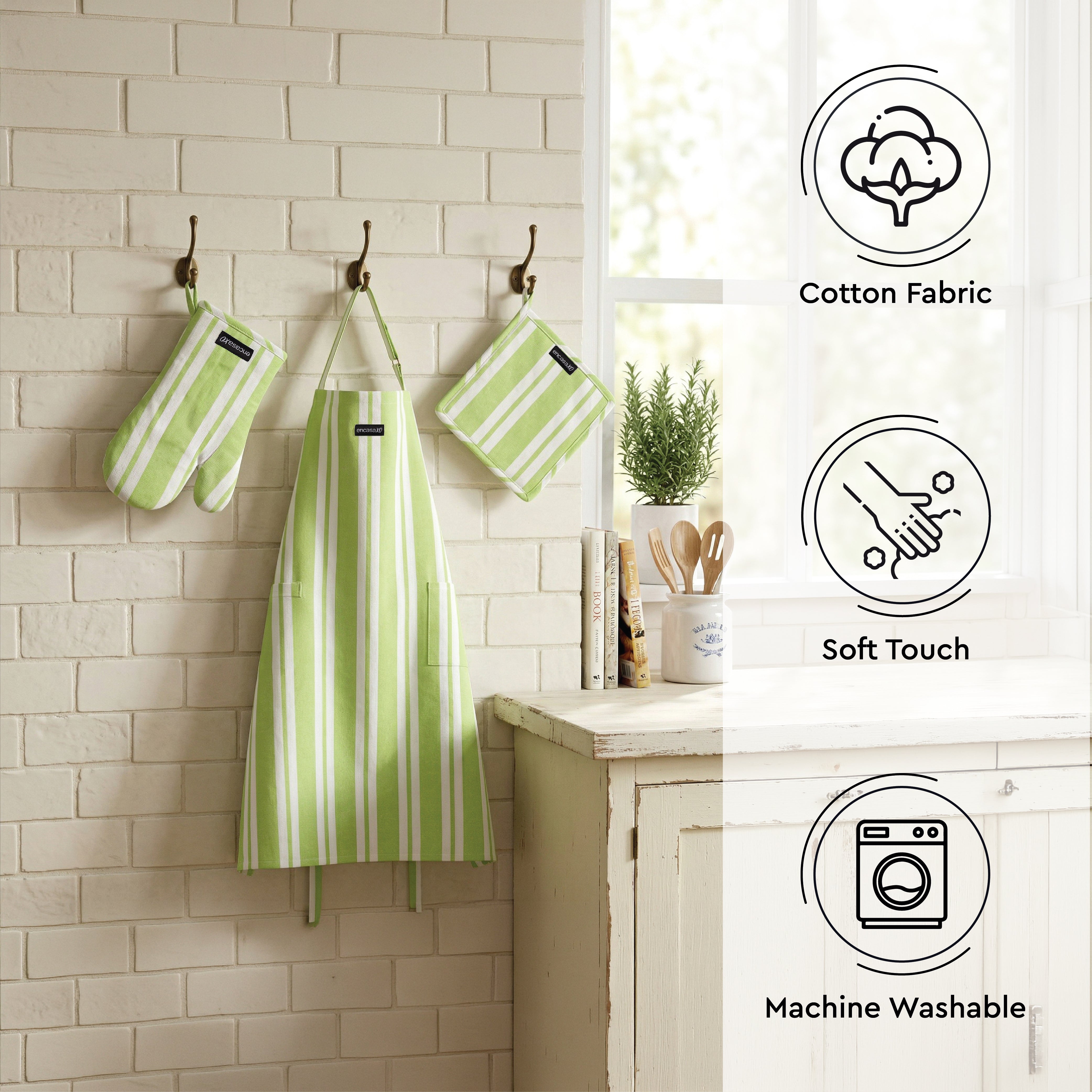 Cotton Franca Lime Stripes Apron + Oven Glove + Pot Holder (Pack of 3)