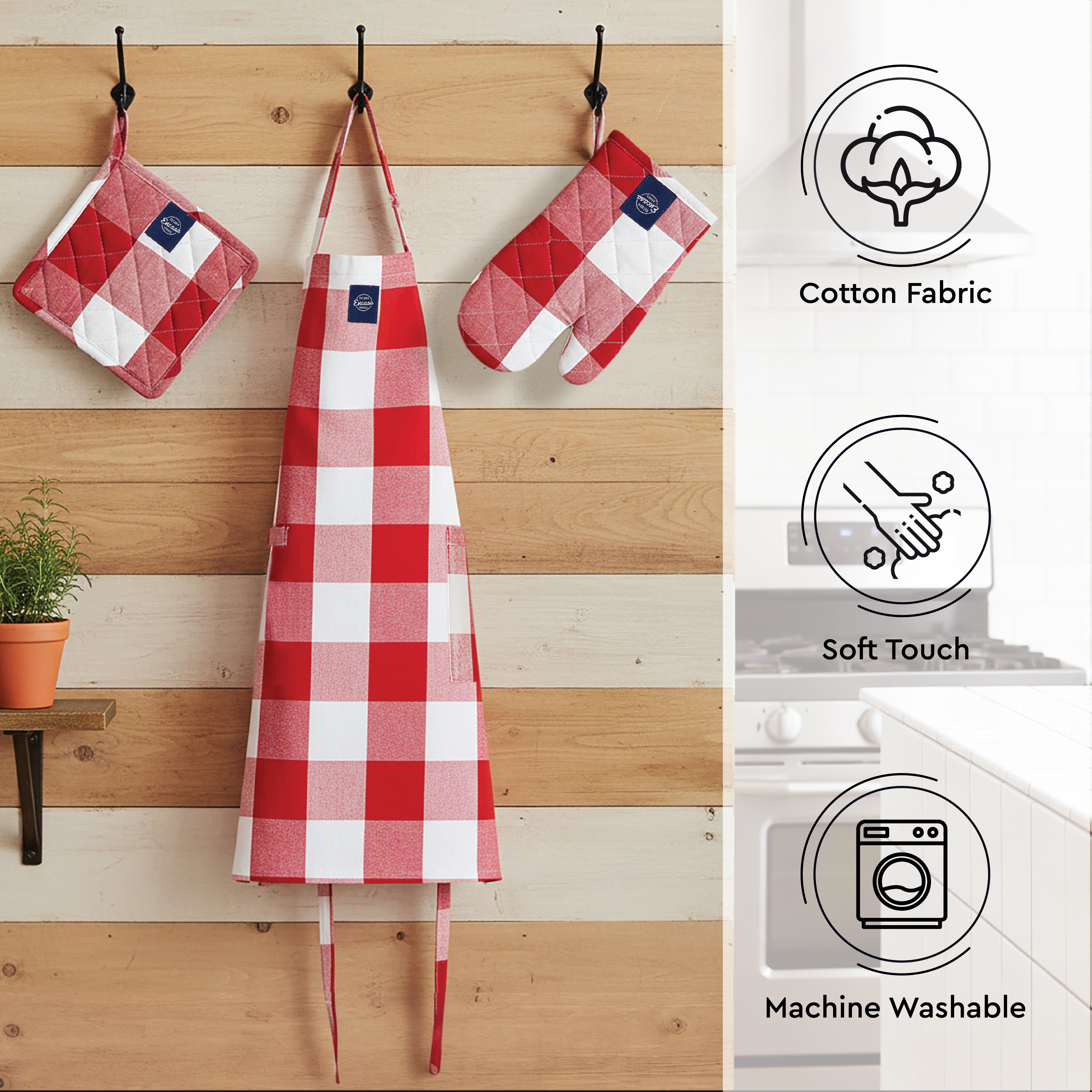 Cotton Buffalo Red Checks Apron + Oven Glove + Pot Holder (Pack of 3)