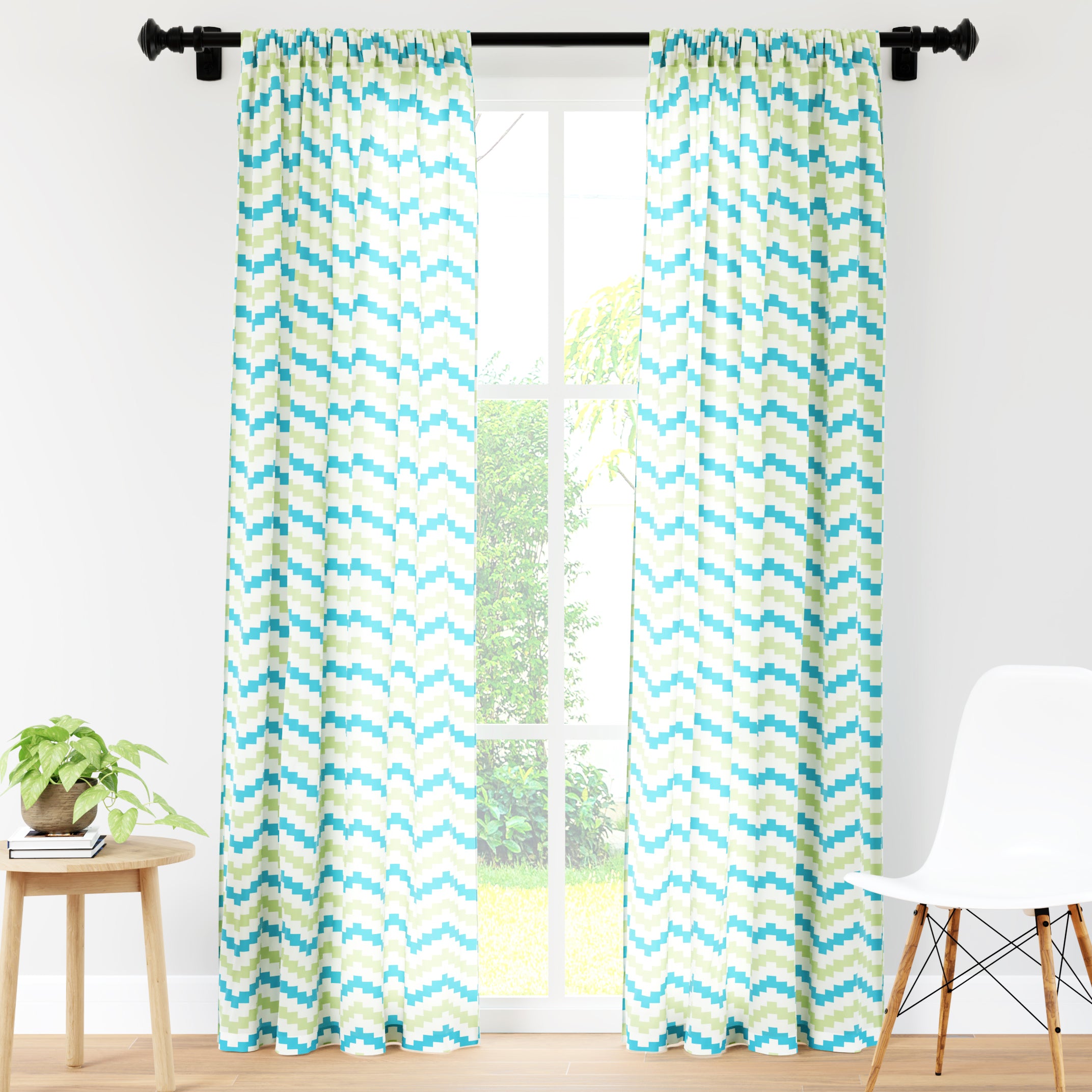 Polyester Chevron Green Curtain (Pack of 2)