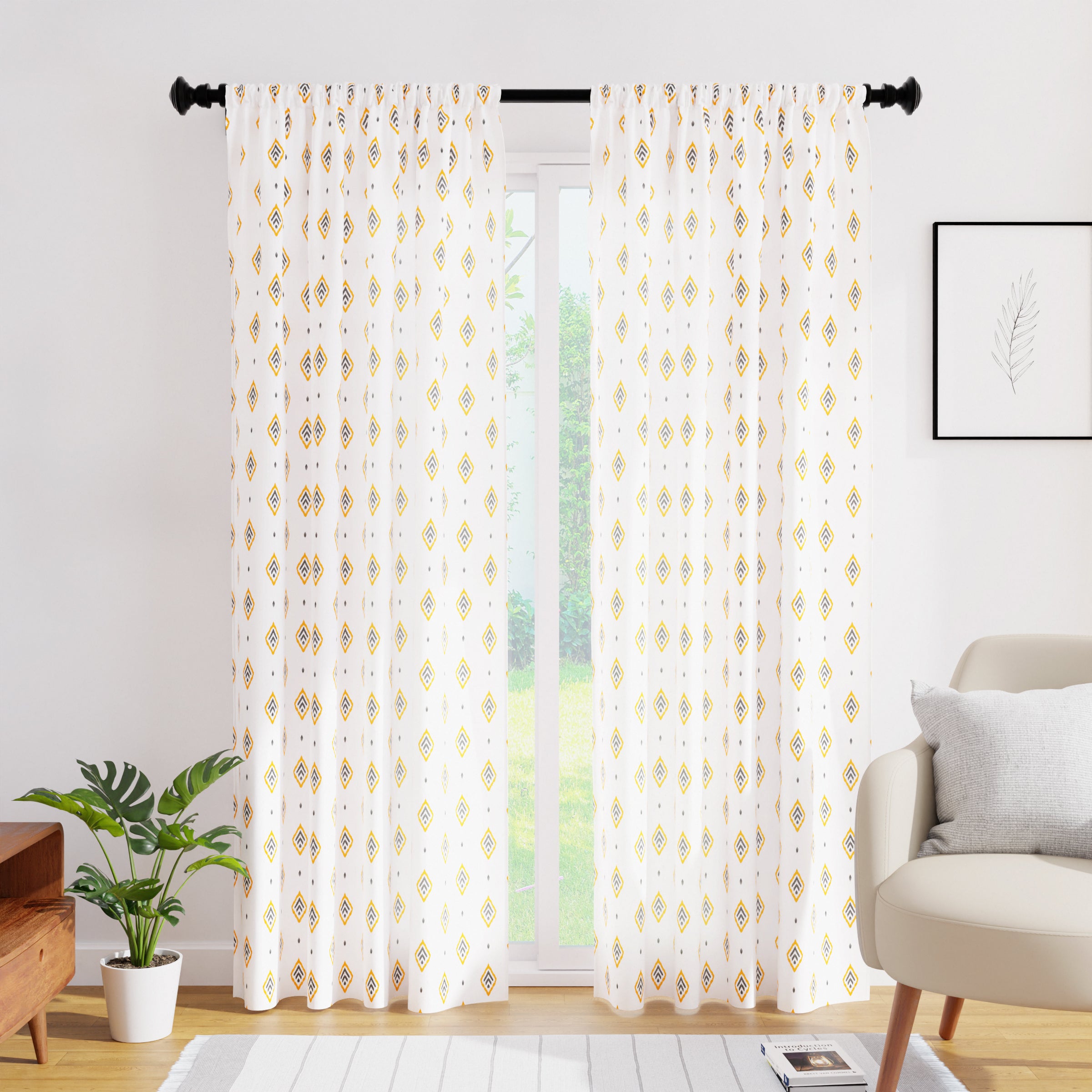 Polyester Diamond Yellow Curtain (Pack of 2)