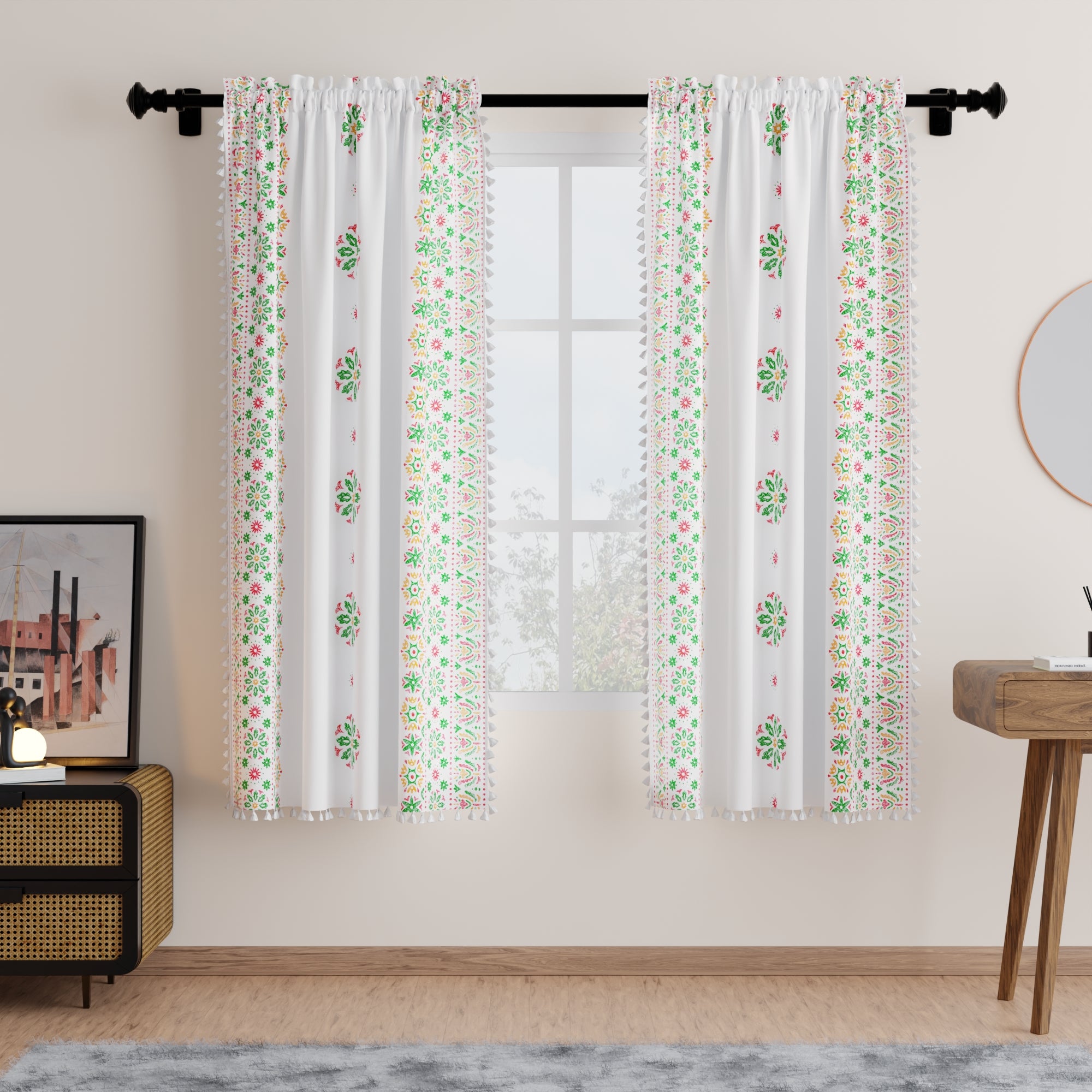 Polyester Boho Bright Green Curtain (Pack of 2)
