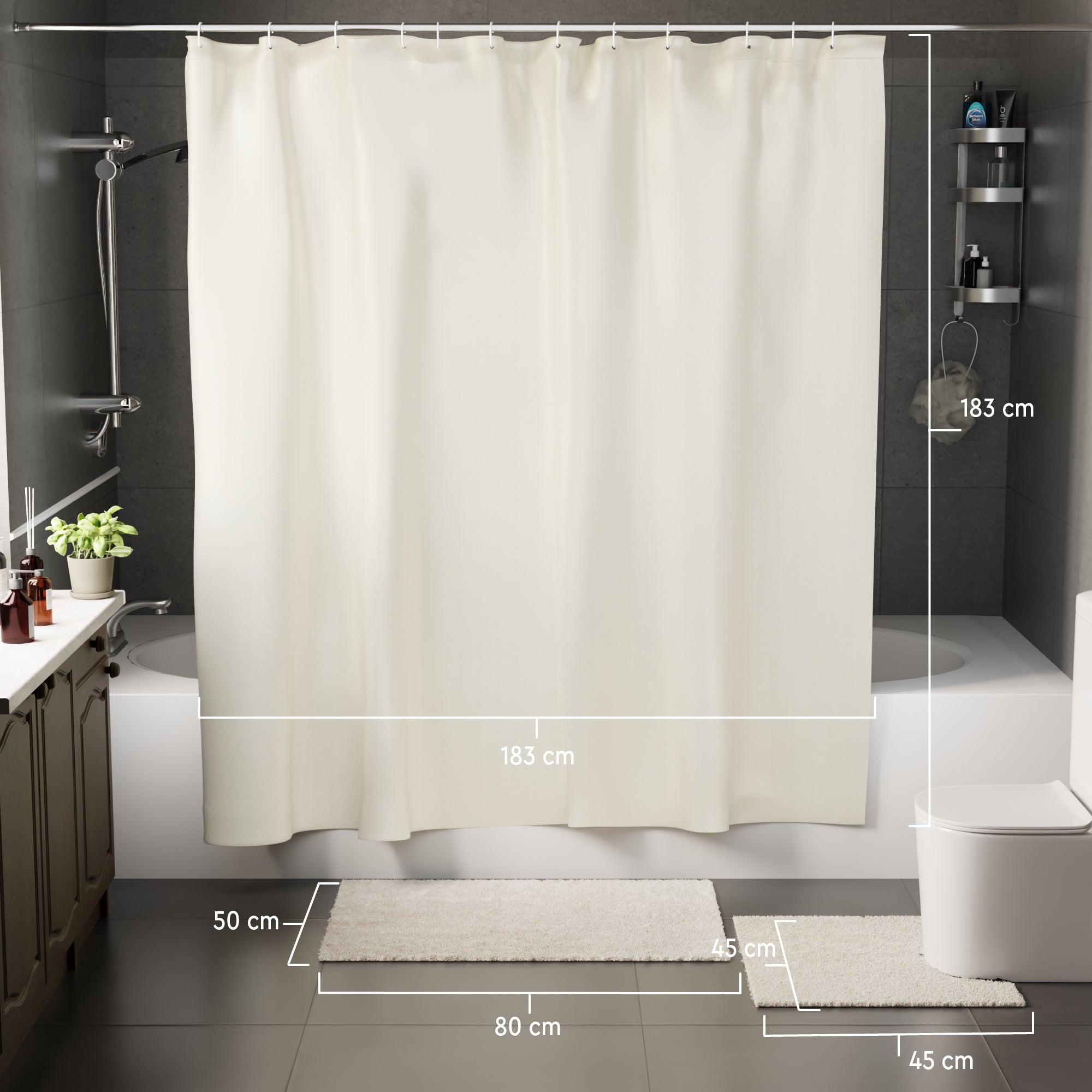 Polyester ZZ Cream Combo Shower Curtain + Bathmat (Pack of 3)