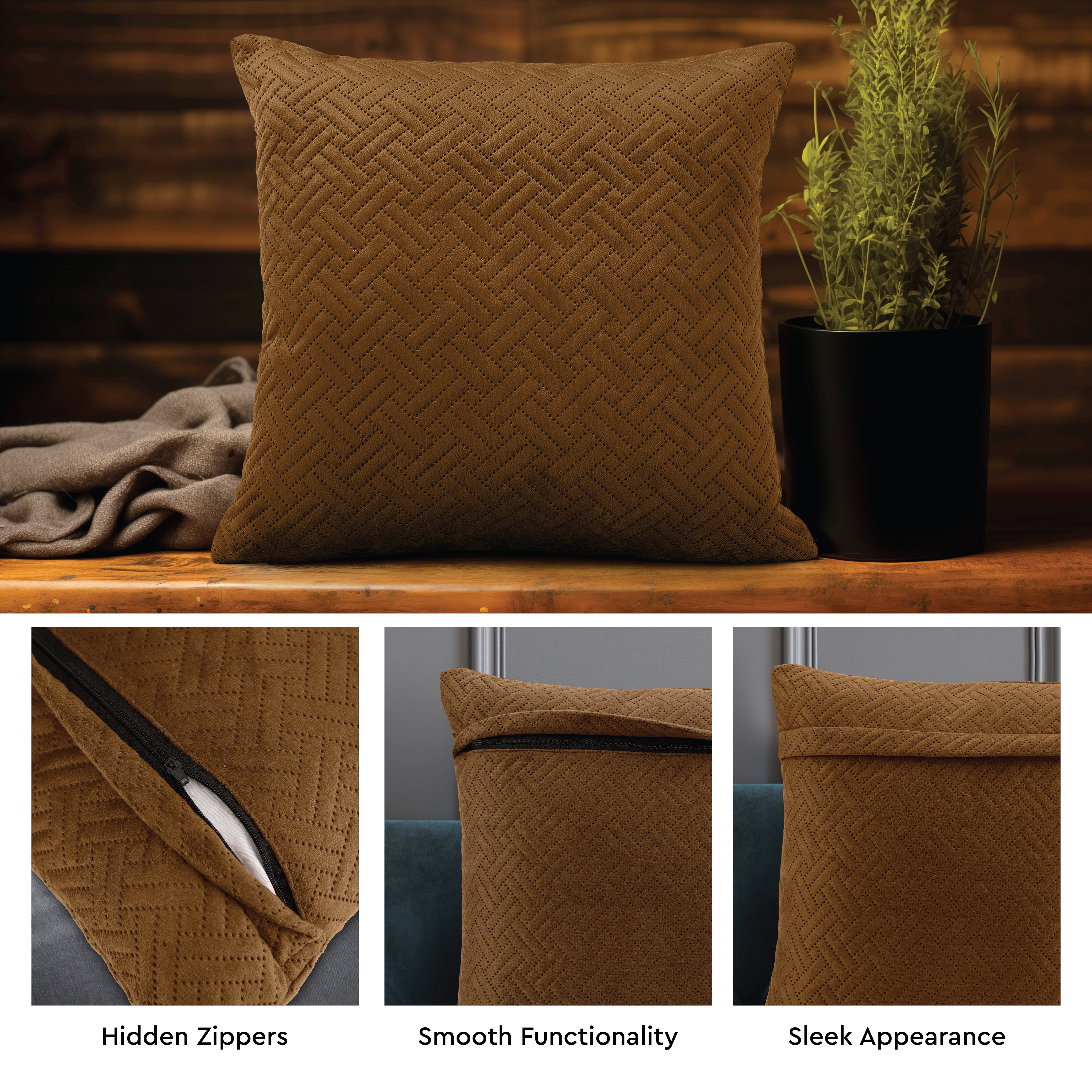 Quilted Velvet Brown Cushion Cover (Pack of 2)