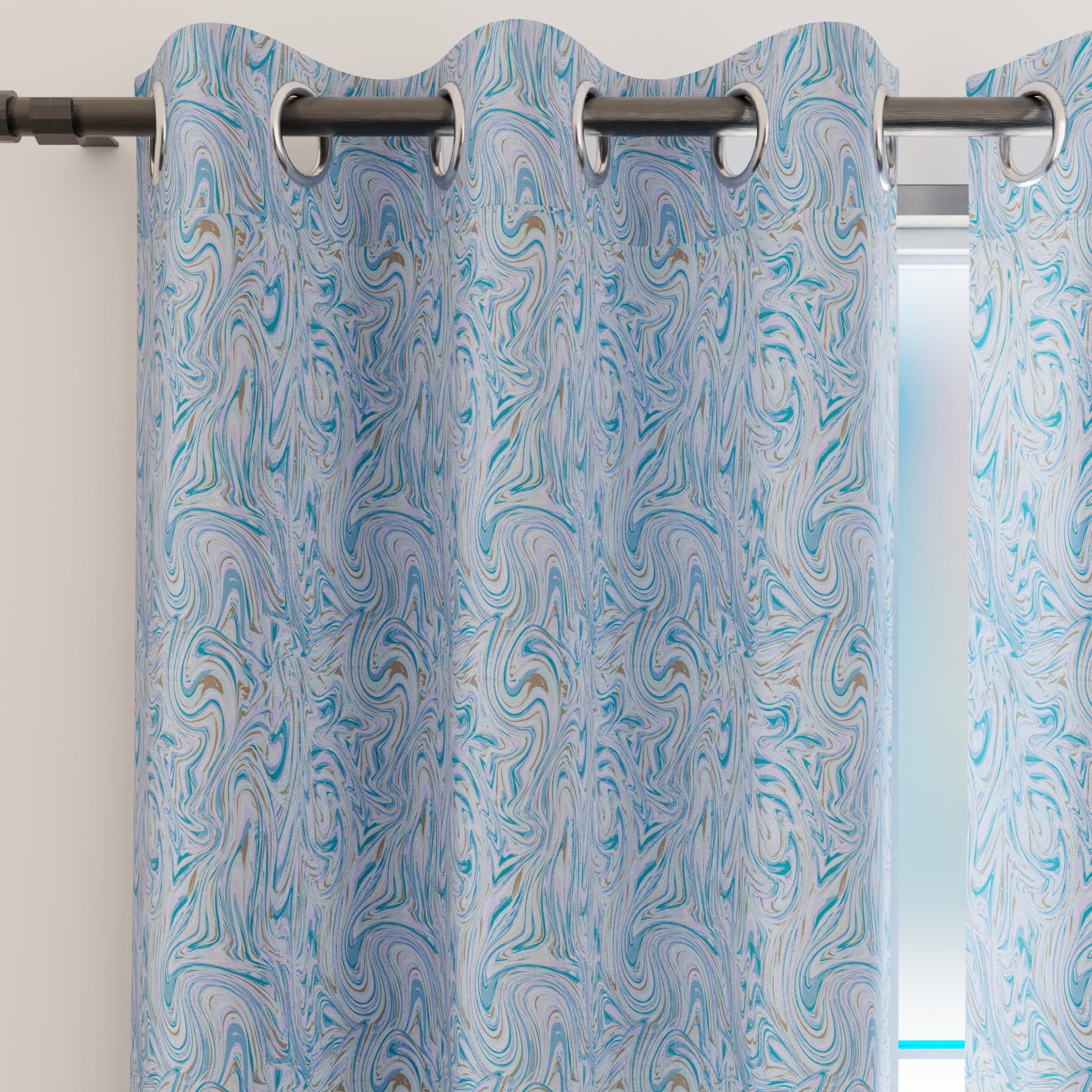Blackout Polyester Marble Turq Curtain (Pack of 2)