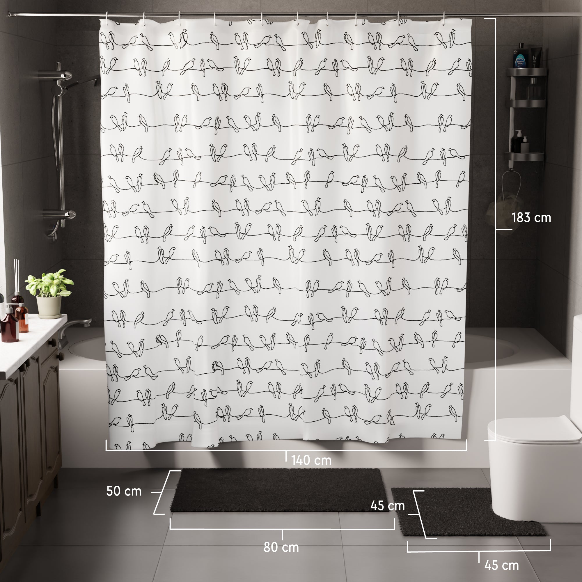 Polyester Blackbirds Combo Shower Curtain + Bathmat (Pack of 3)
