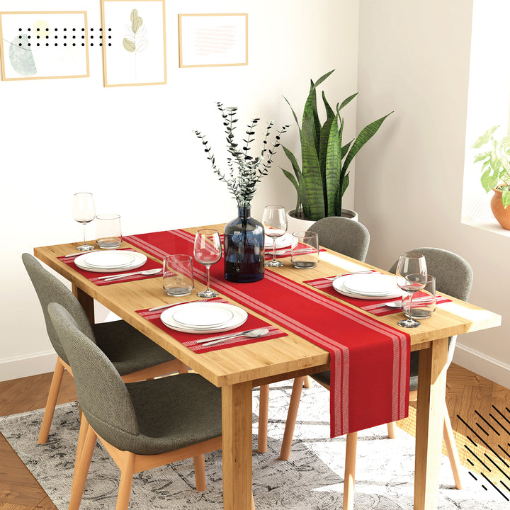 Cotton Ladder Red Table Runner+Placemat (Pack of 5)