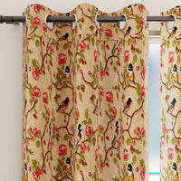 Blackout Polyester Pale Gold Birds Curtain (Pack of 2)