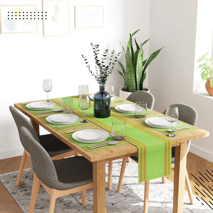 Cotton Ladder Green Table Runner+Placemat (Pack of 7)