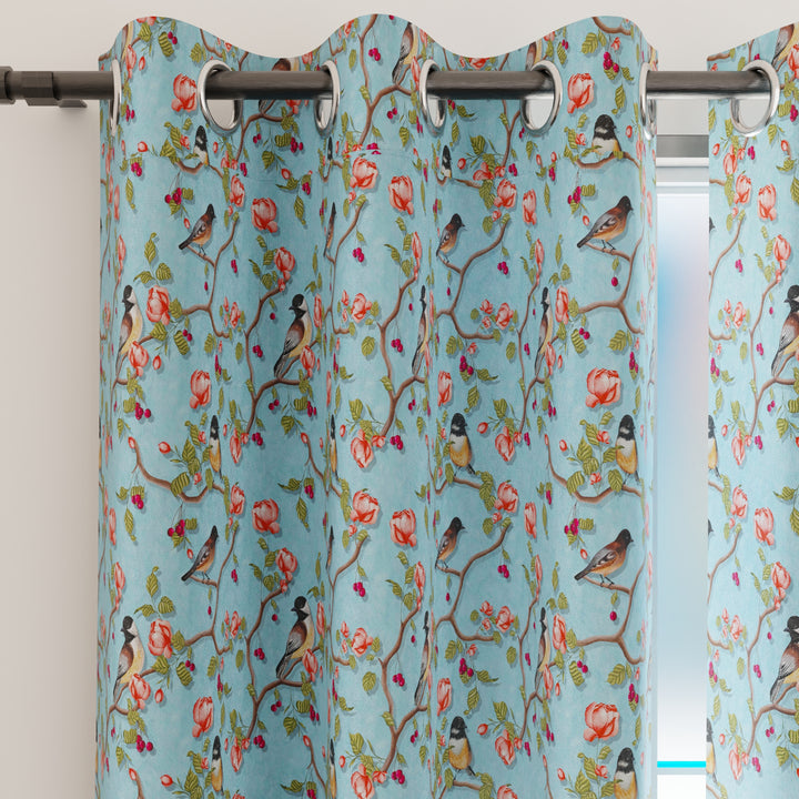 Blackout Polyester Sky Blue Birds Curtain (Pack of 2)