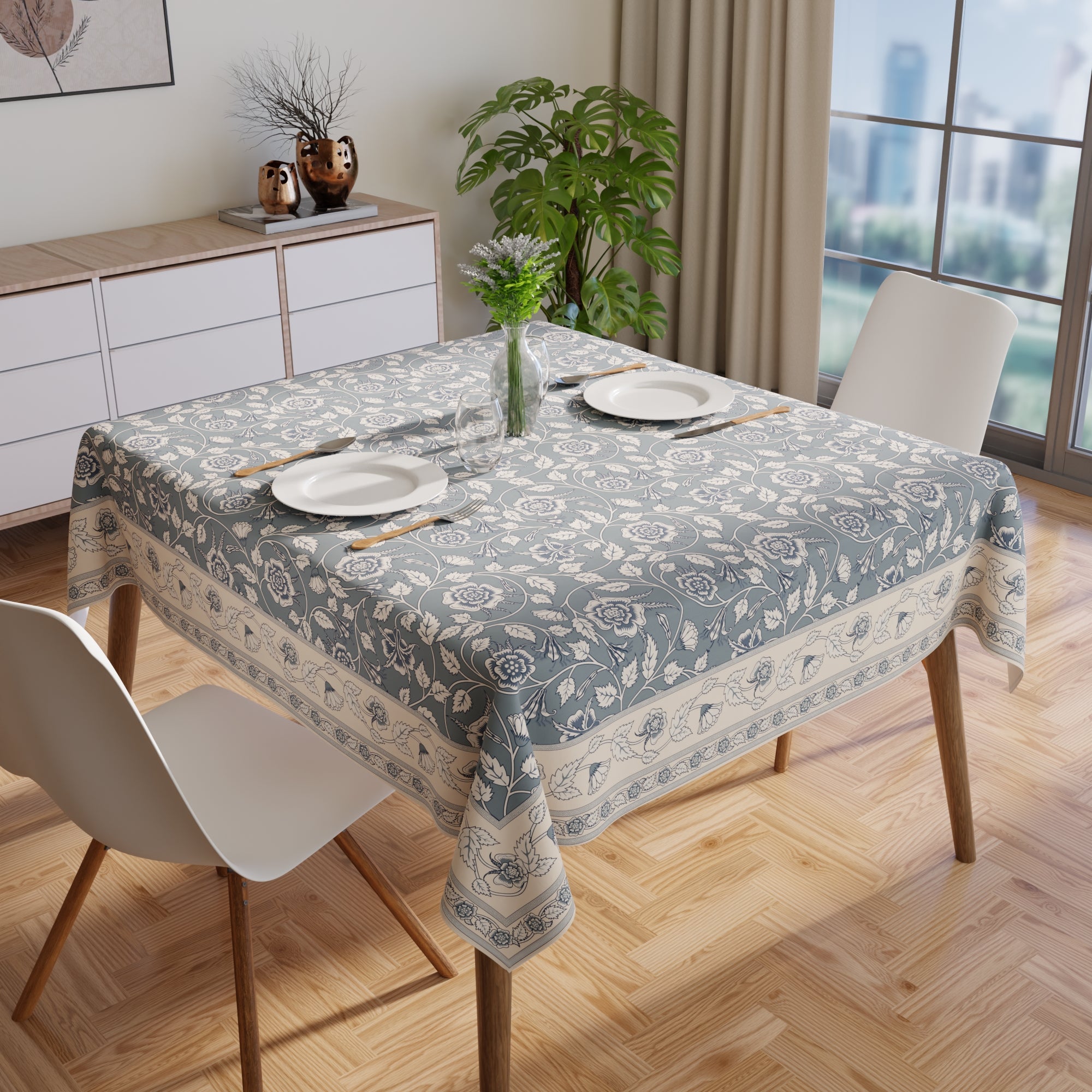WR Spun Polyester French Grey Printed Table Cloth (Pack of 1)
