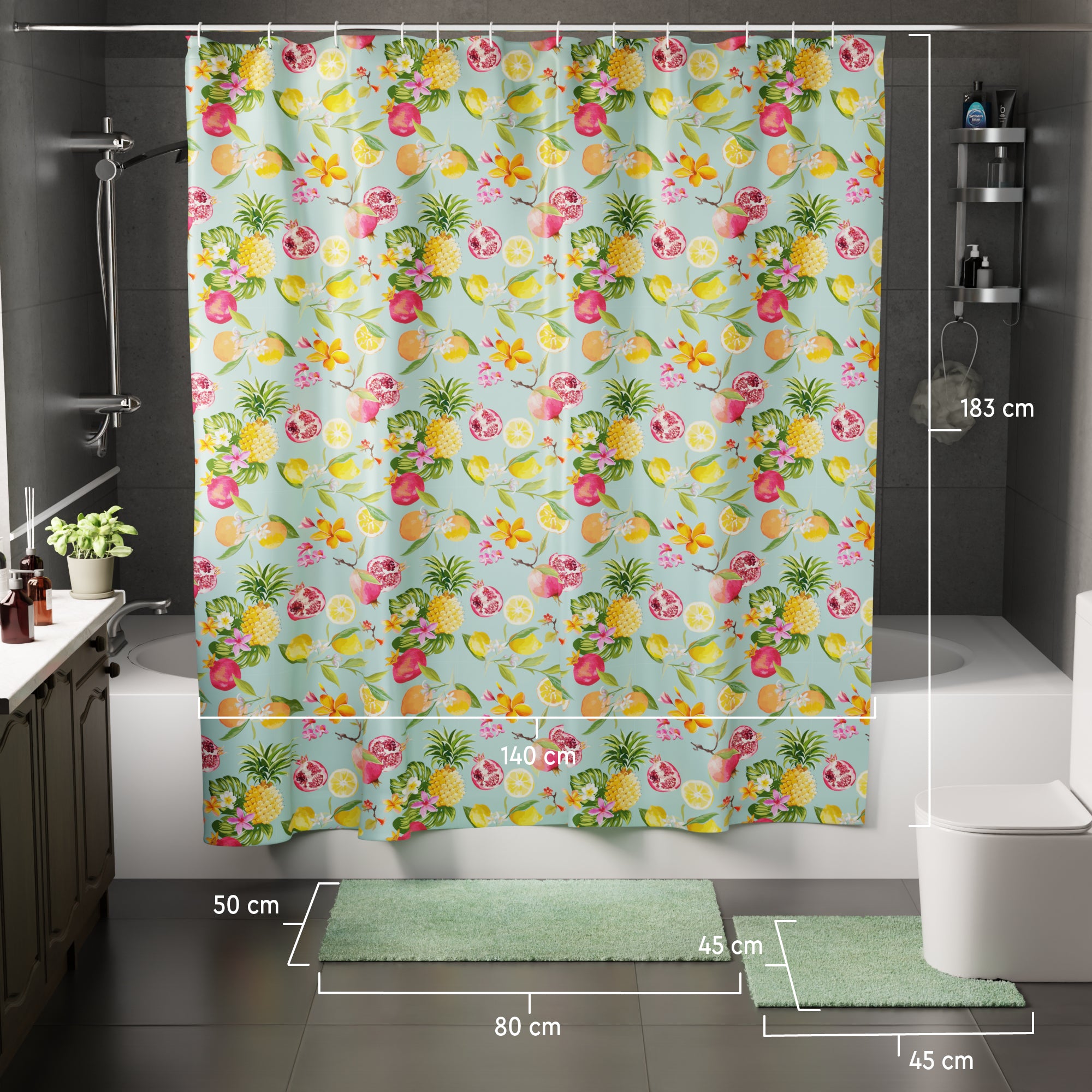 Polyester Pineapple Combo Shower Curtain + Bathmat (Pack of 3)