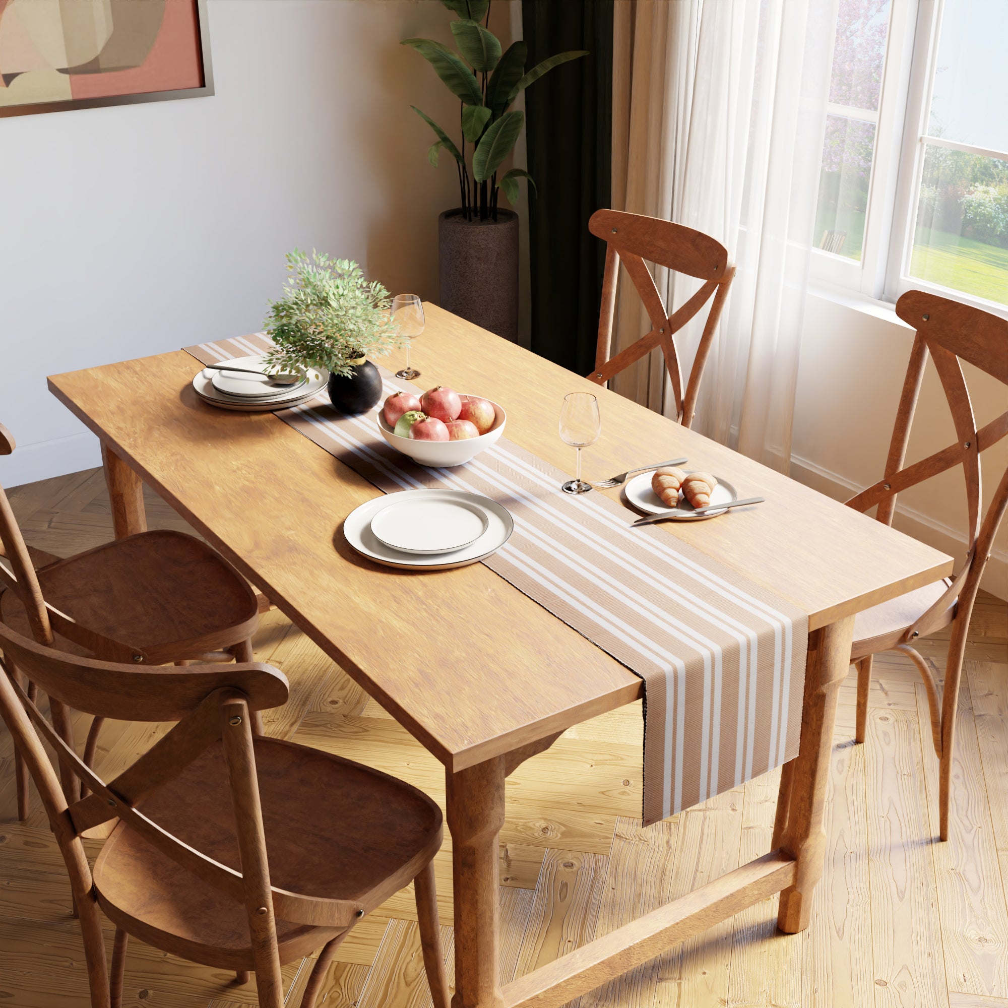 Cotton Franca Beige Stripes Table Runner (Pack of 1)