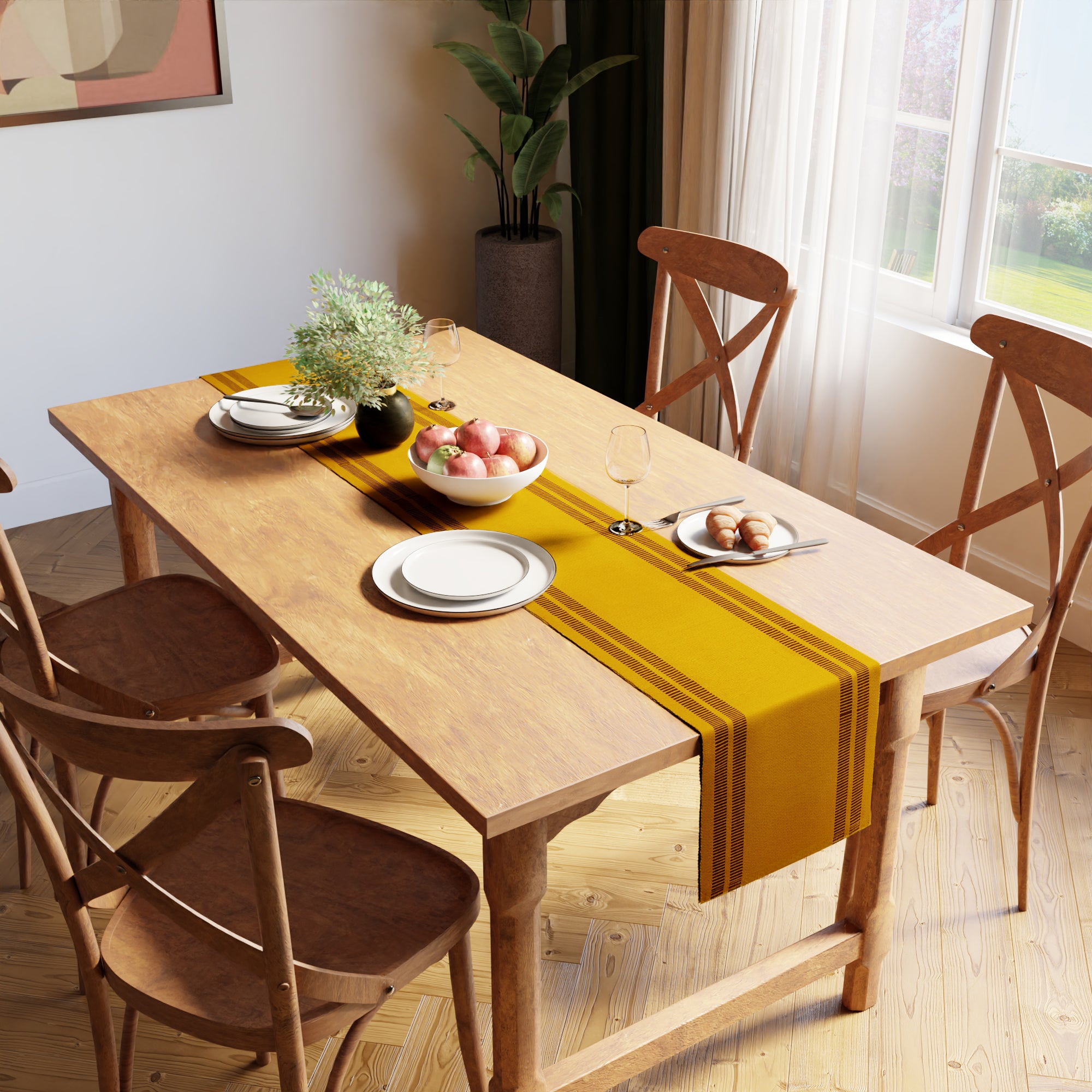 Cotton Yellow & Off White Table Runner (Pack of 1)