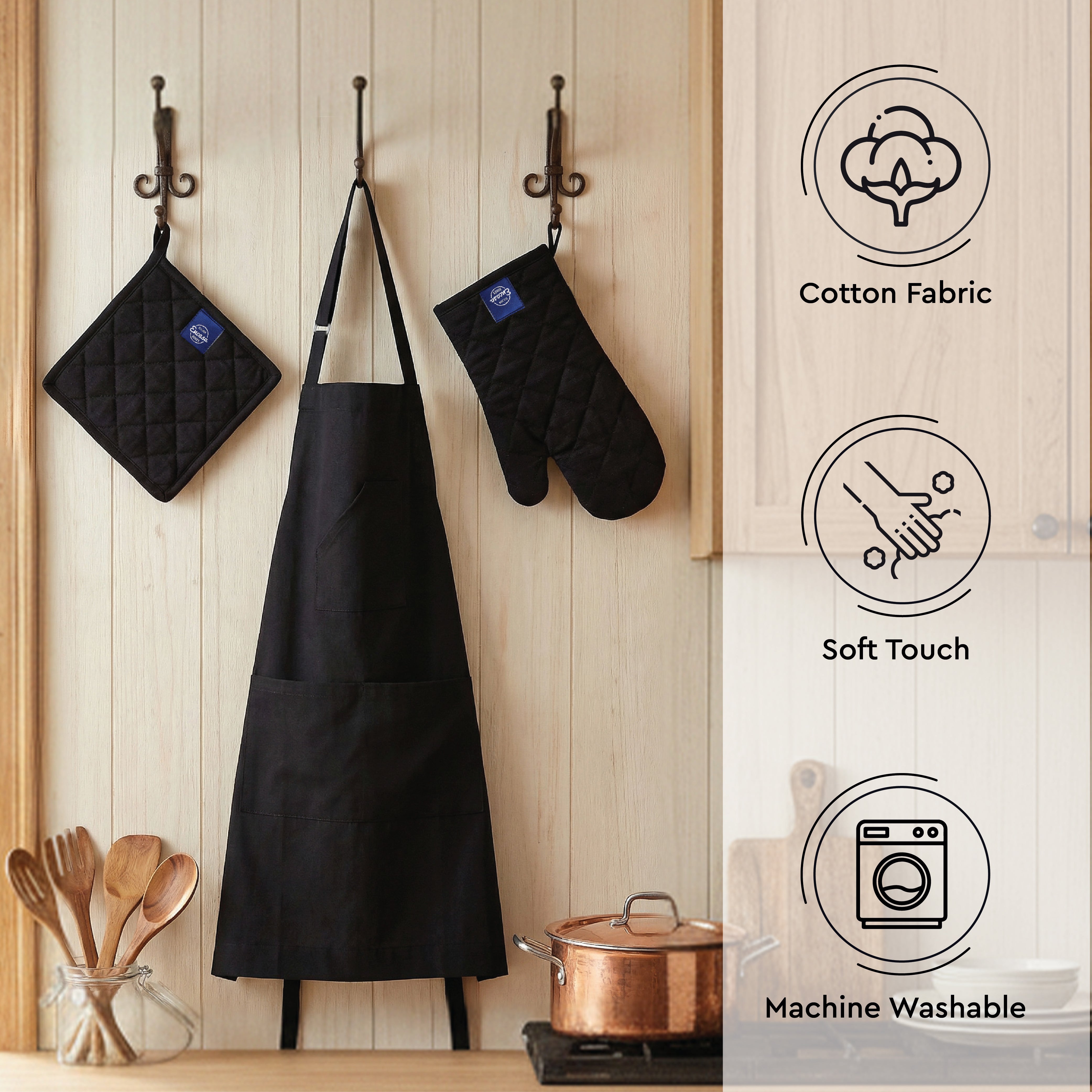 Cotton Full Black Apron + Oven Glove + Pot Holder (Pack of 3)