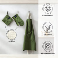 Cotton Leaf Green Apron + Oven Glove + Pot Holder (Pack of 3)