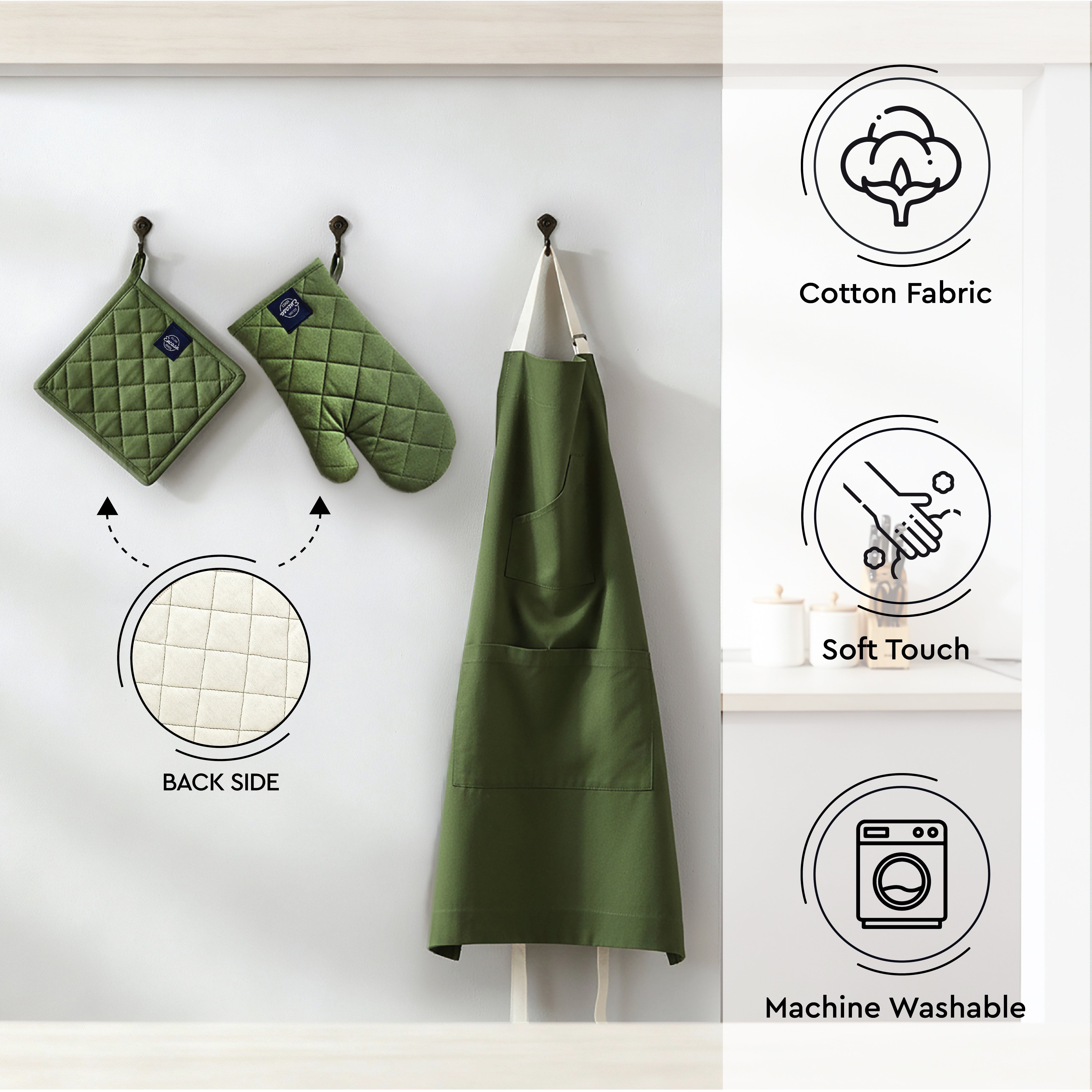 Cotton Leaf Green Apron + Oven Glove + Pot Holder (Pack of 3)