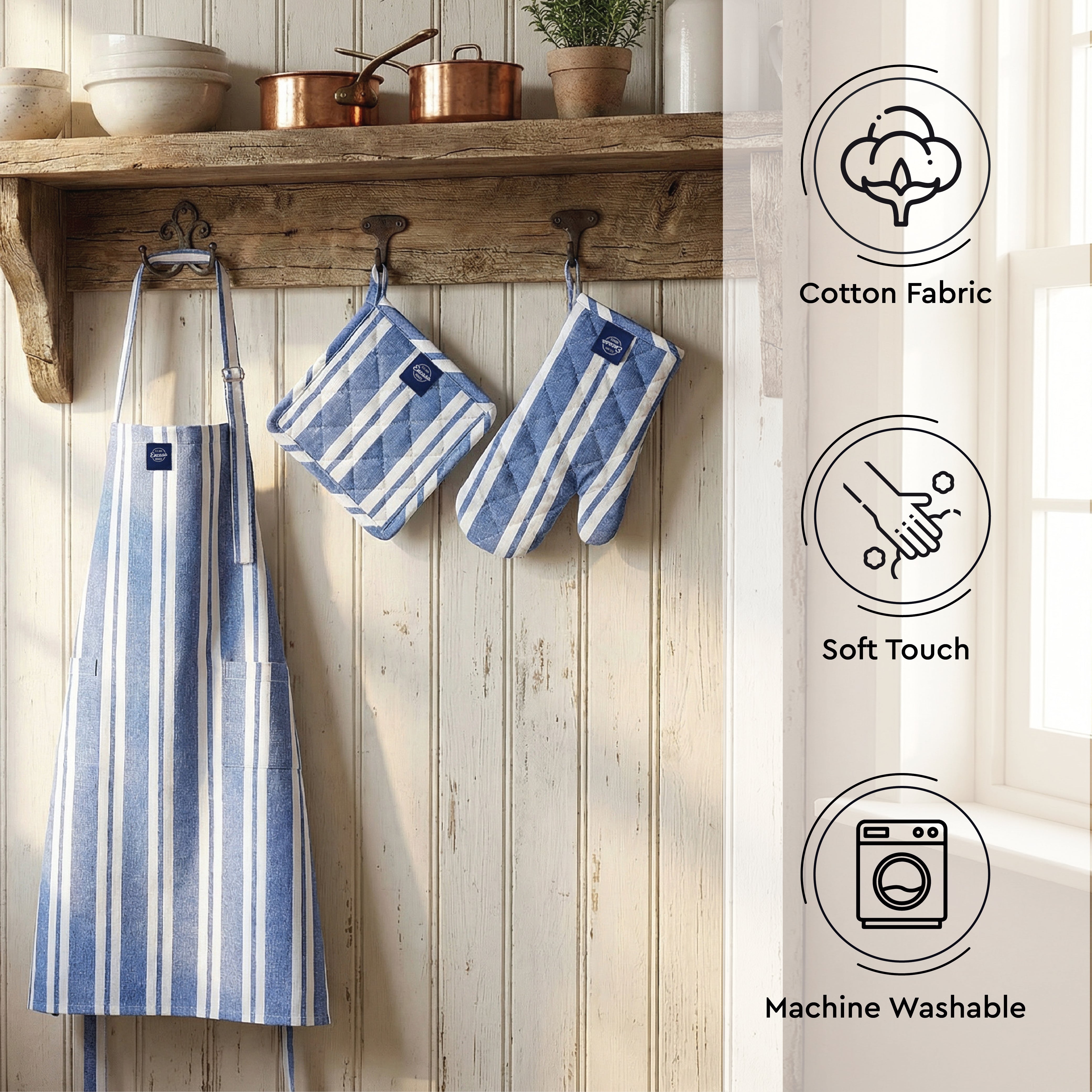 Cotton Franca Blue Stripes Apron + Oven Glove + Pot Holder (Pack of 3)
