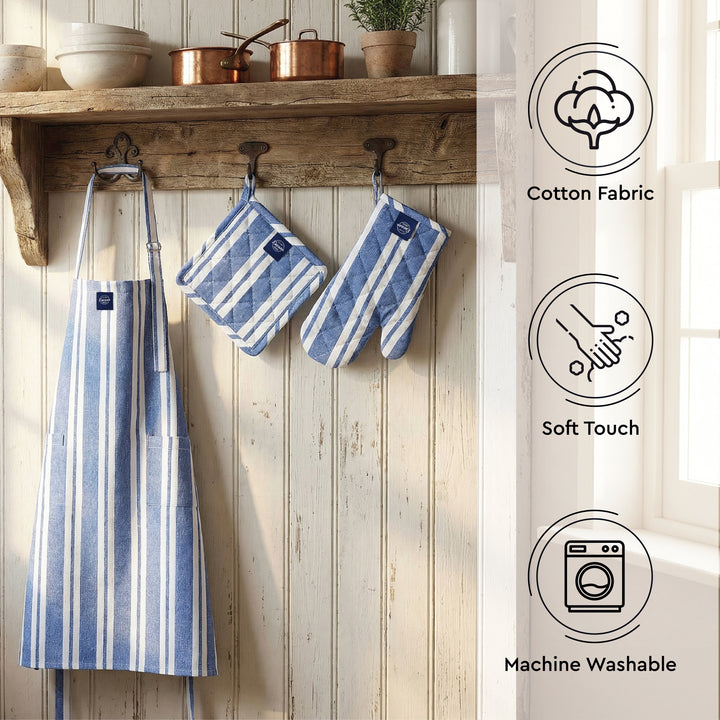Cotton Franca Blue Stripes Apron + Oven Glove + Pot Holder (Pack of 3)