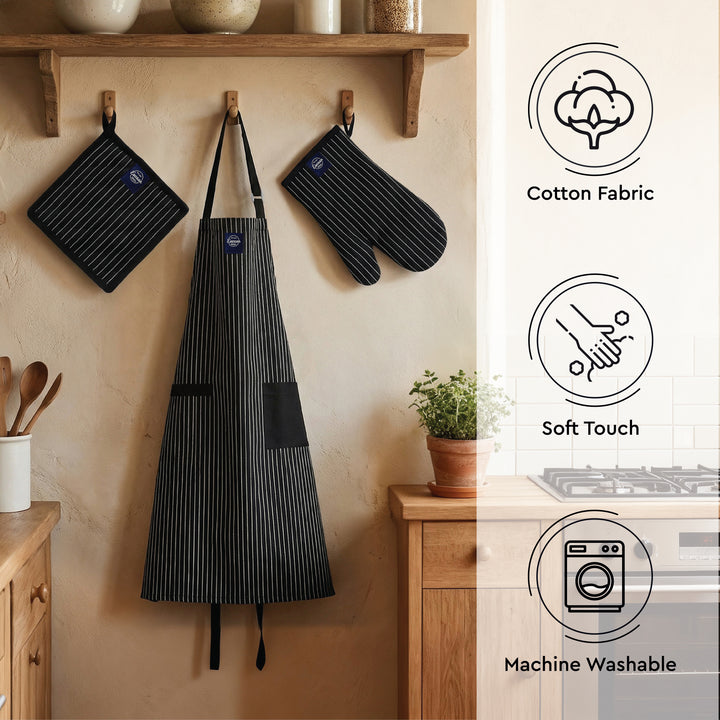 Cotton Butcher Stripes Black Apron + Oven Glove + Pot Holder (Pack of 3)