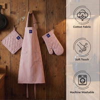 Cotton Ticking Red Apron + Oven Glove + Pot Holder (Pack of 3)