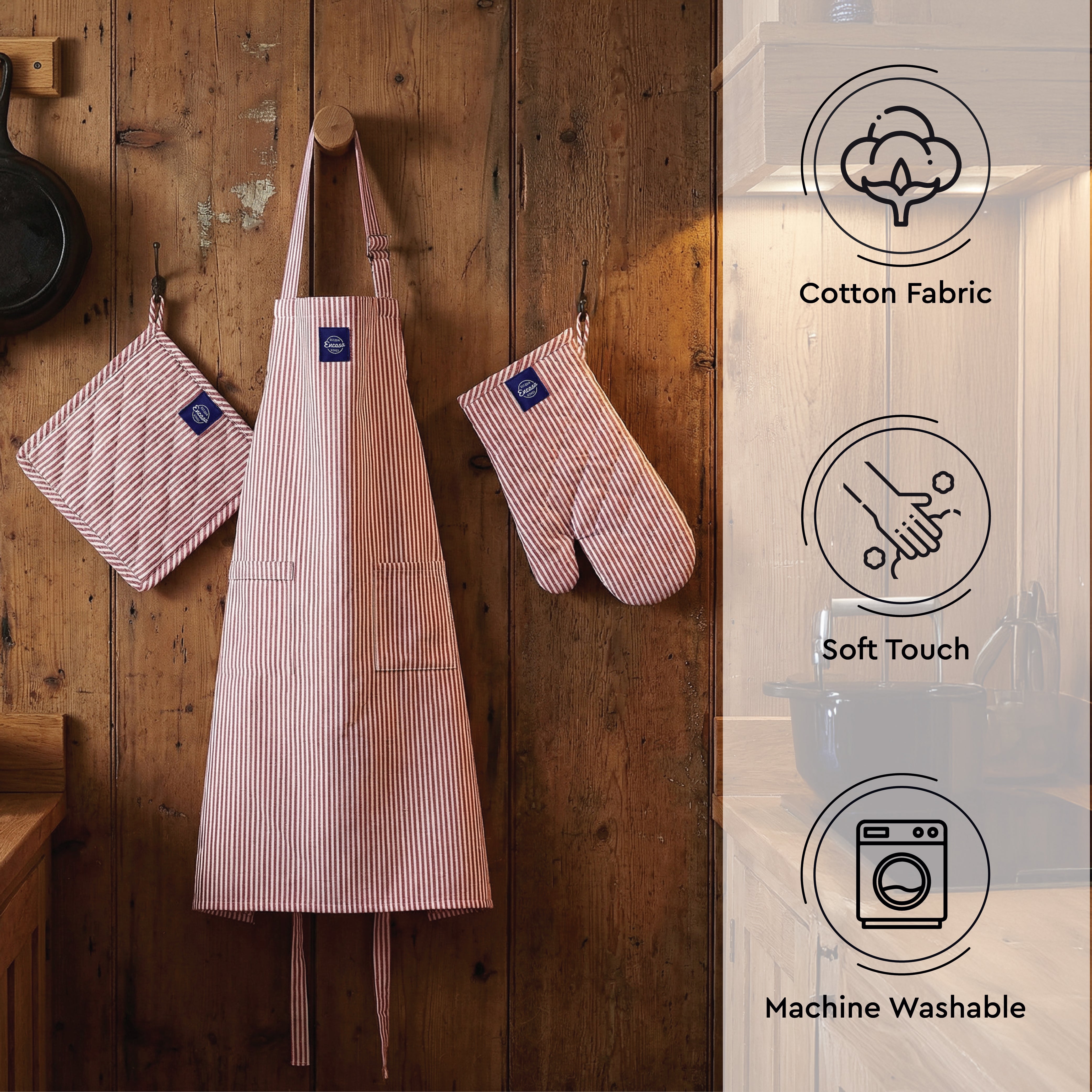 Cotton Ticking Red Apron + Oven Glove + Pot Holder (Pack of 3)