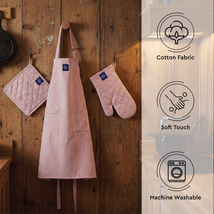 Cotton Ticking Red Apron + Oven Glove + Pot Holder (Pack of 3)