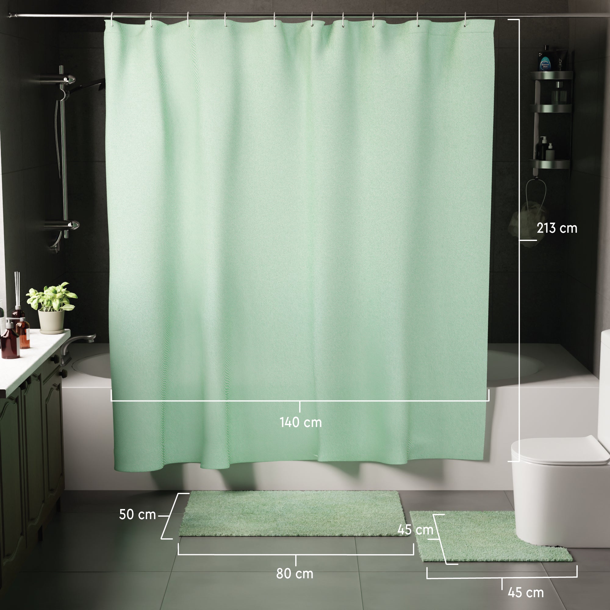 Polyester Mint Shower Curtain + Bathmat (Pack of 3)