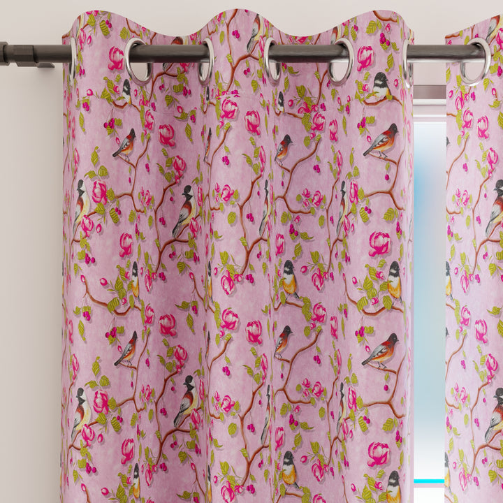 Blackout Polyester Dusty Pink Birds Curtain (Pack of 2)