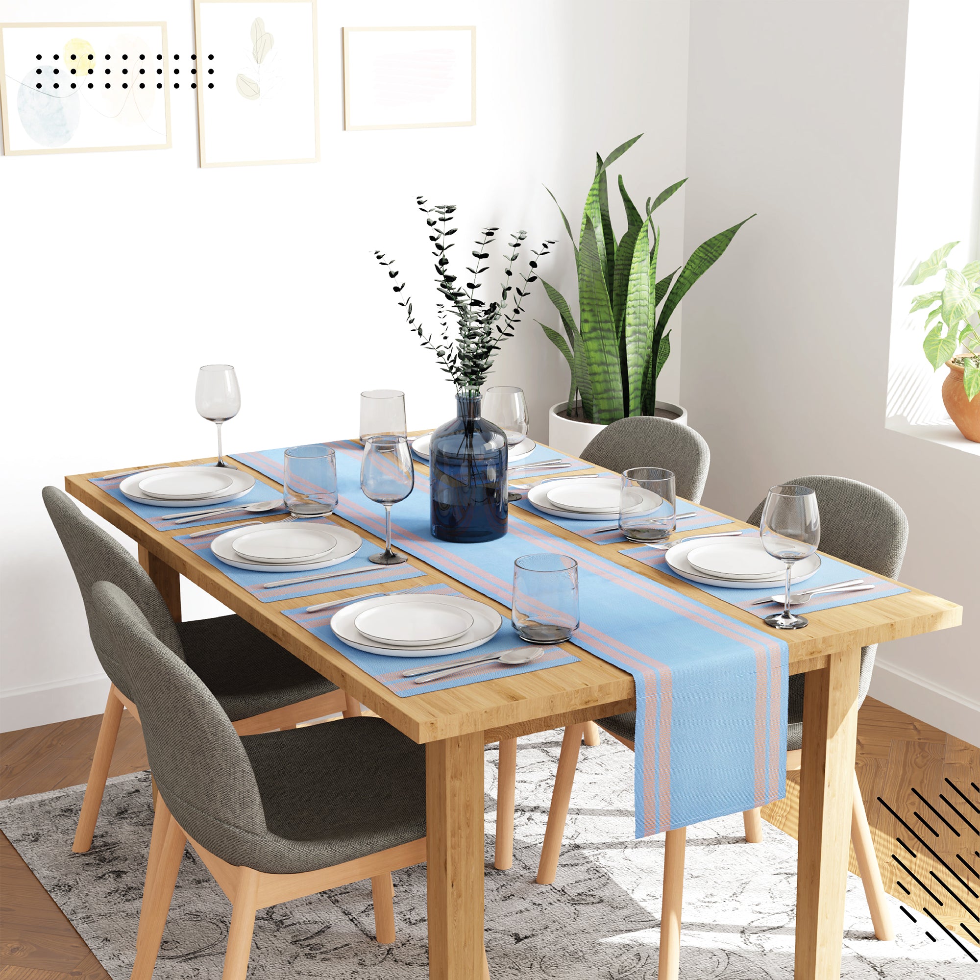 Cotton Ladder Blue Table Runner+Placemat (Pack of 7)