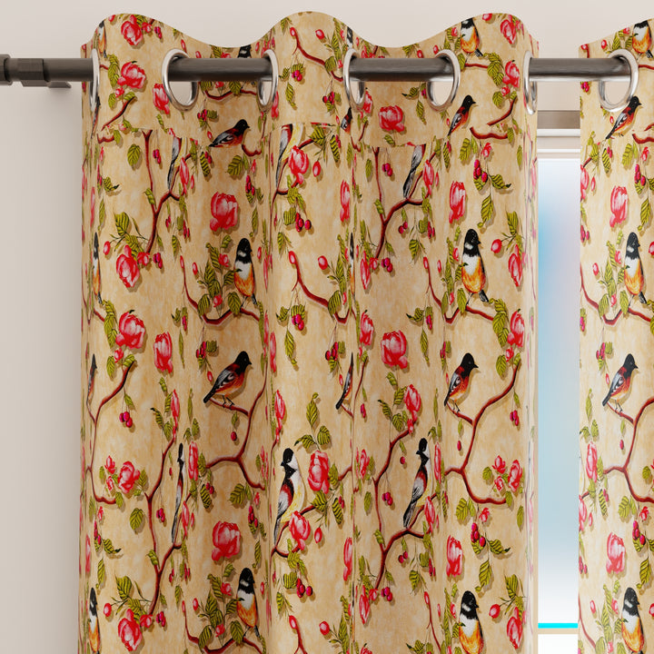 Blackout Polyester Pale Gold Birds Curtain (Pack of 2)