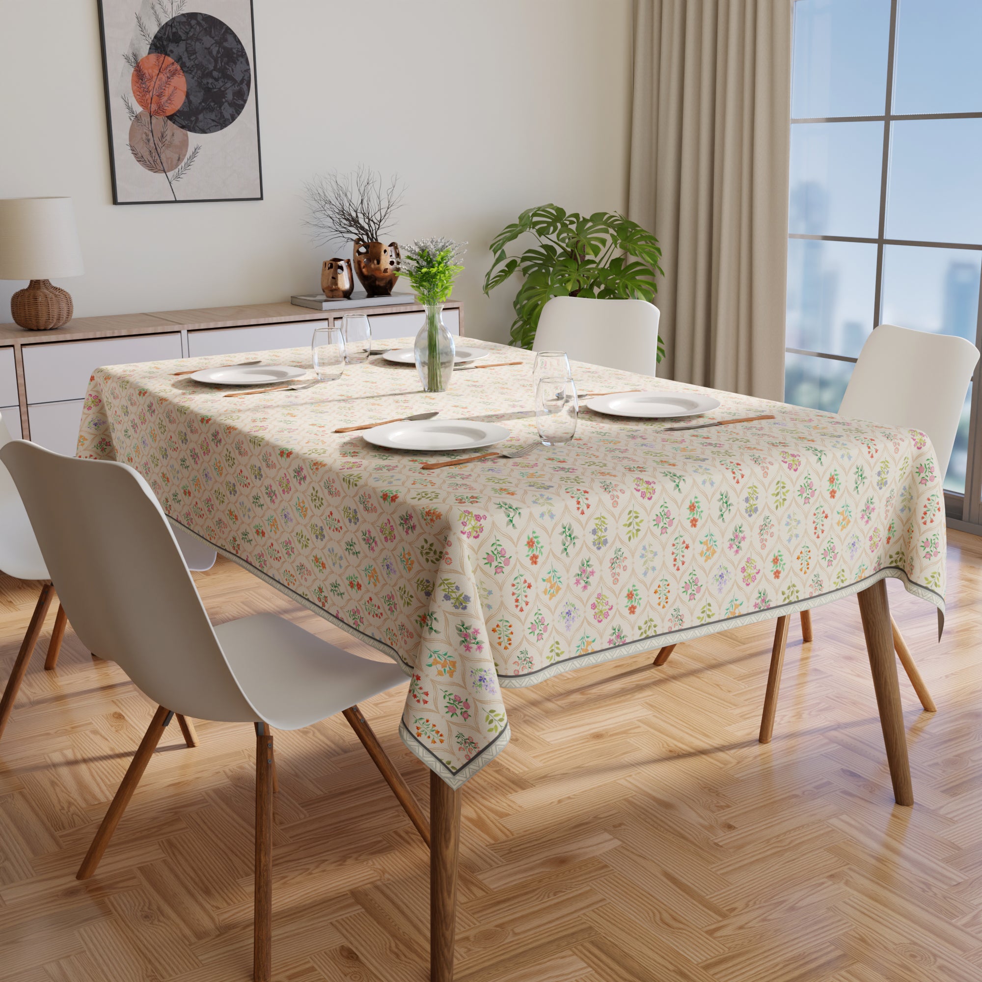 Polyester French Beige Printed Table Cloth (Pack of 1)