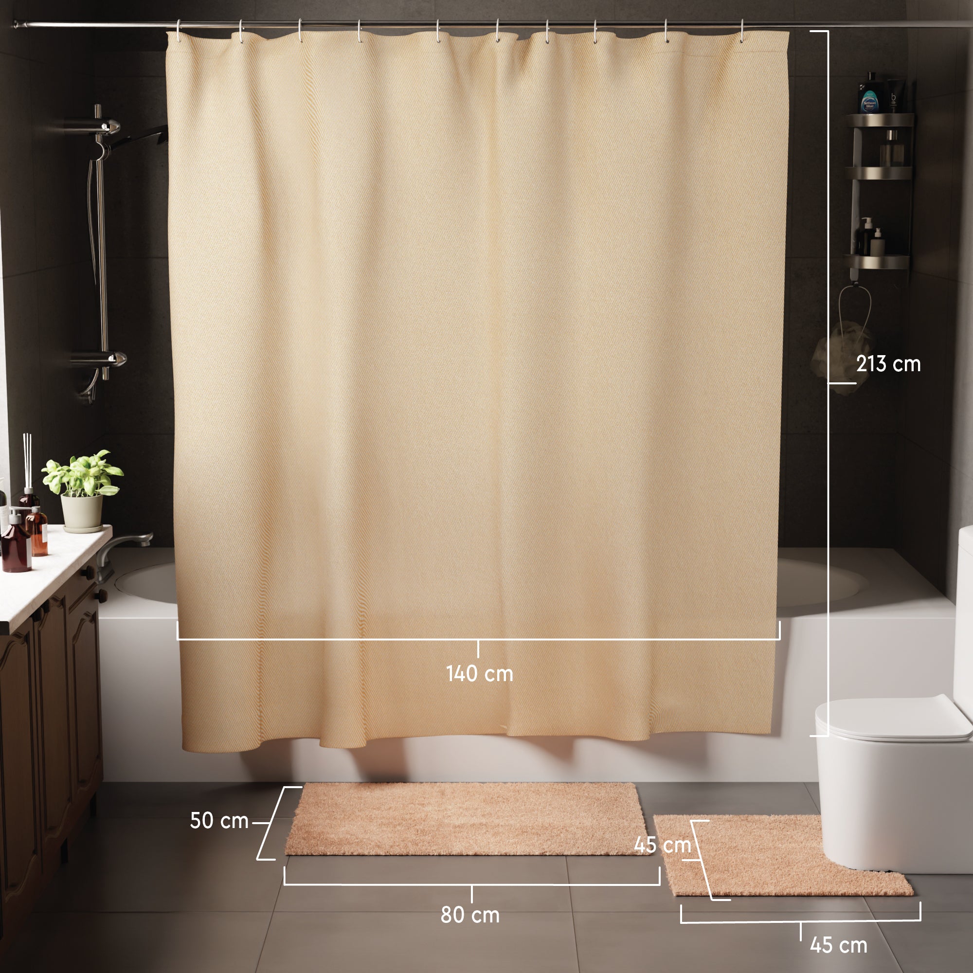 Polyester Beige Shower Curtain + Bathmat (Pack of 3)