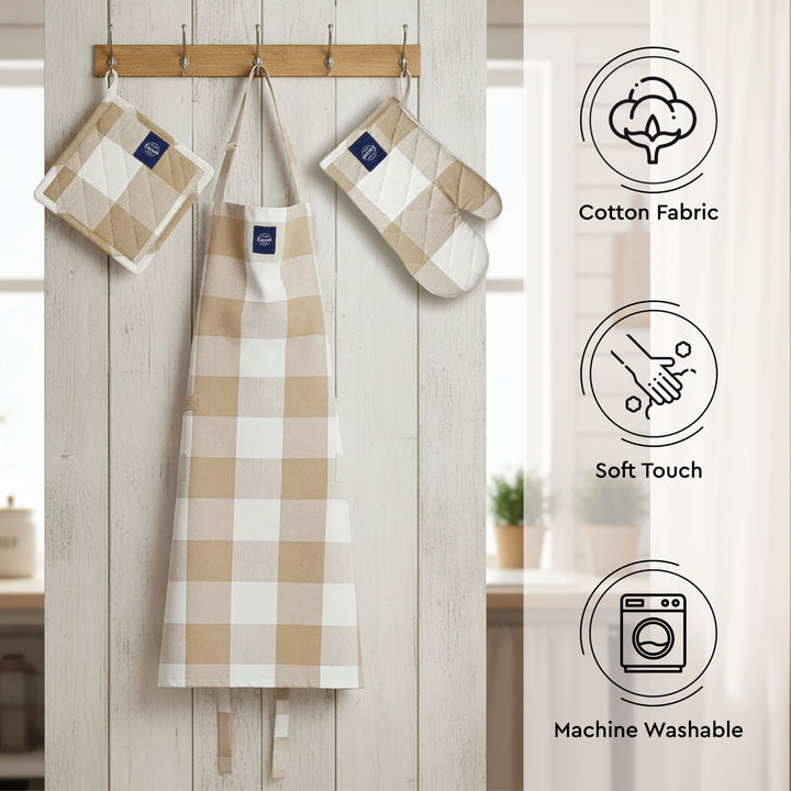 Cotton Buffalo Beige Checks Apron + Oven Glove + Pot Holder (Pack of 3)