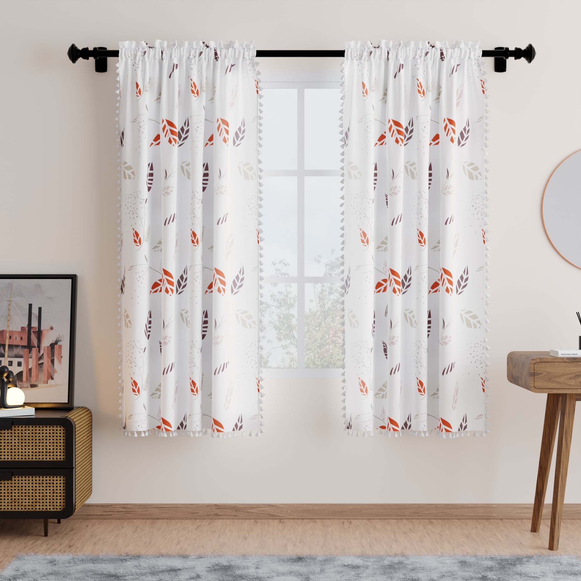Polyester Boho Leaves Curtain (Pack of 2)