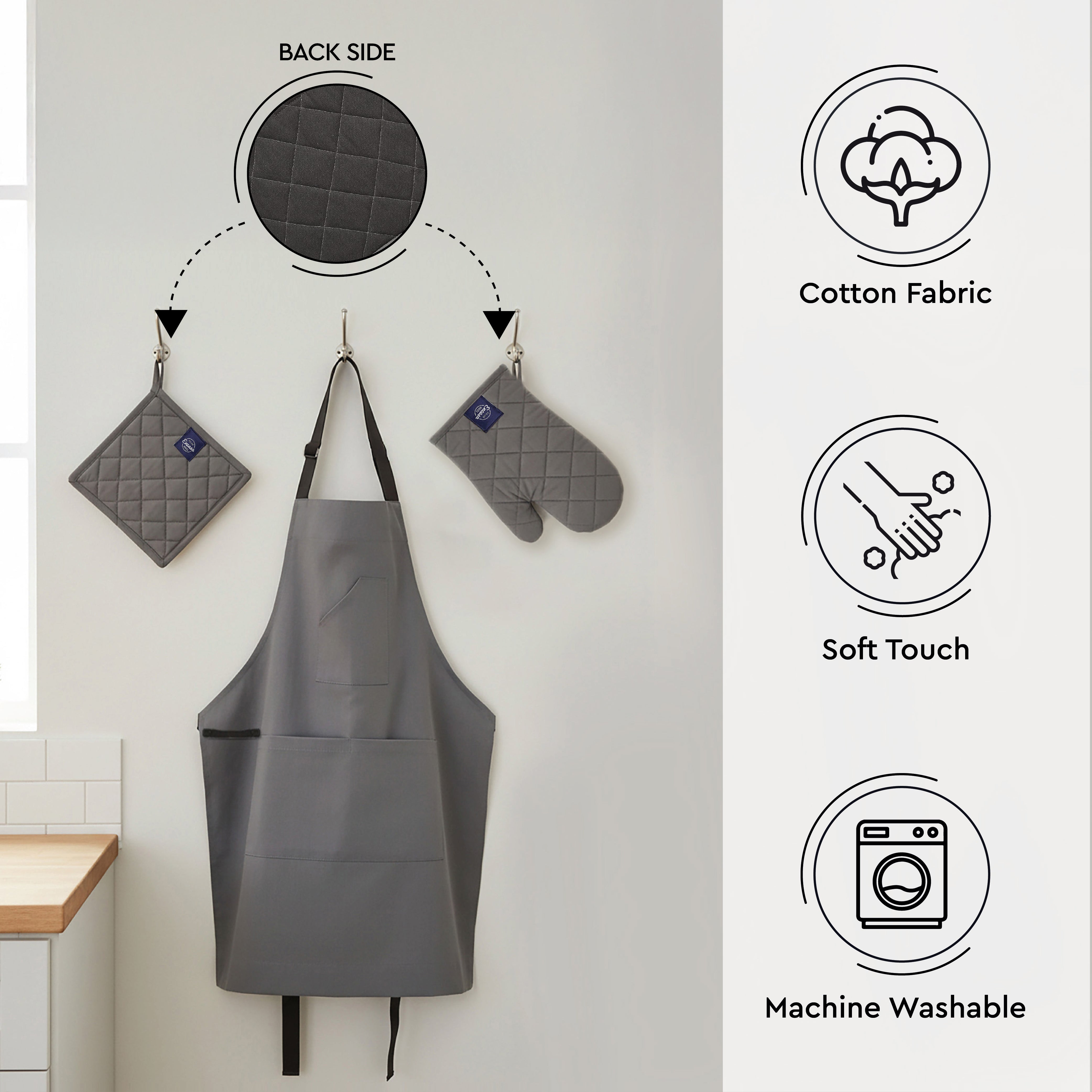 Cotton Grey Apron + Oven Glove + Pot Holder (Pack of 3)