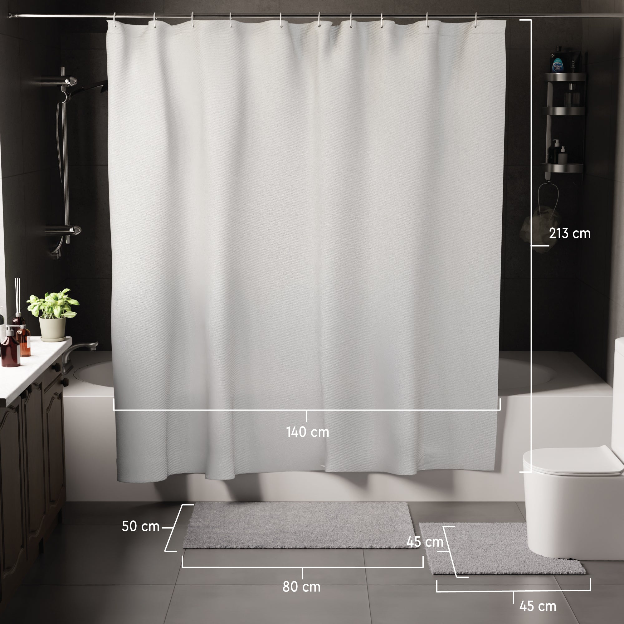 Polyester Grey Shower Curtain + Bathmat (Pack of 3)