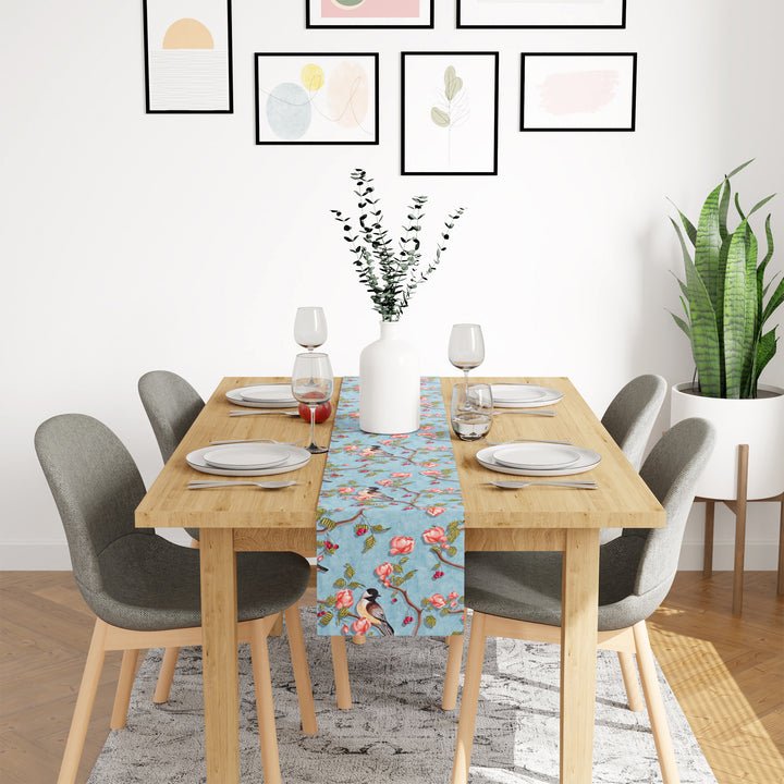 Blackout Polyester Sky Blue Birds Table Runner (Pack of 1)