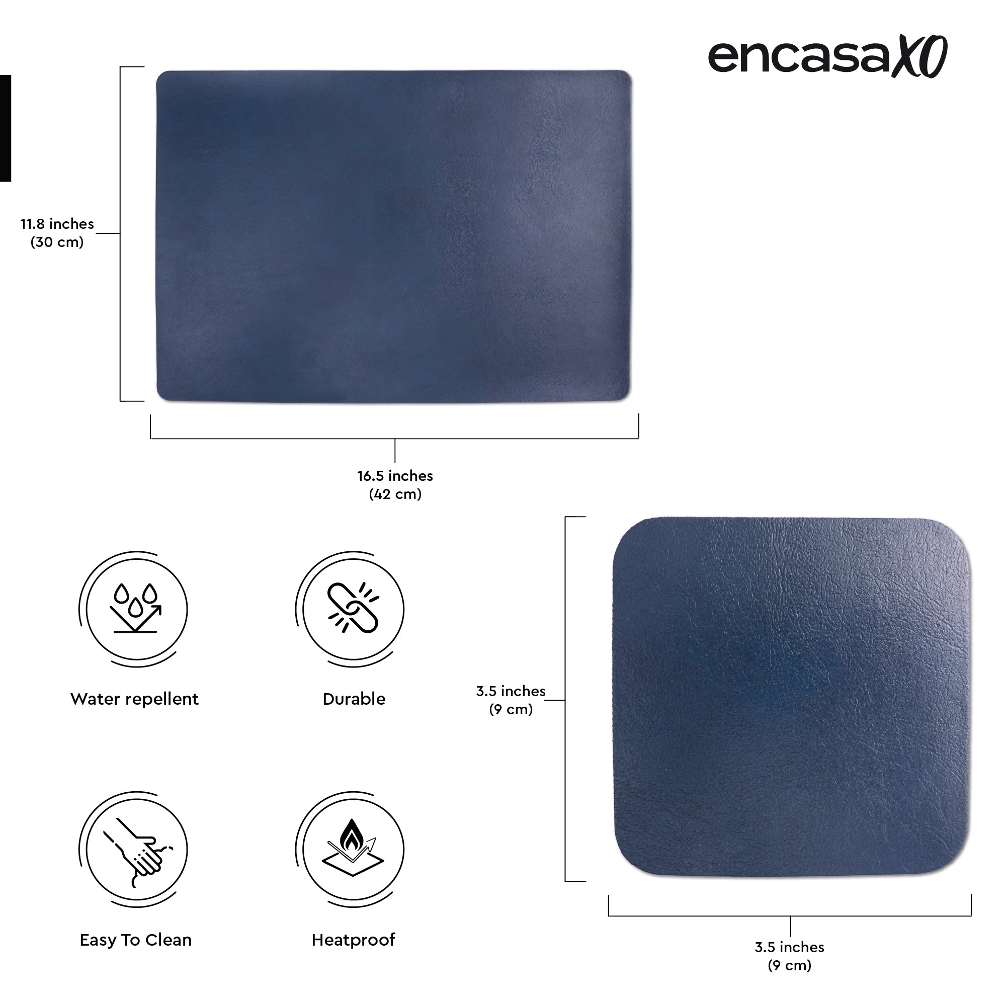 2 Sided Leather Grey & Blue Placemat + Coaster