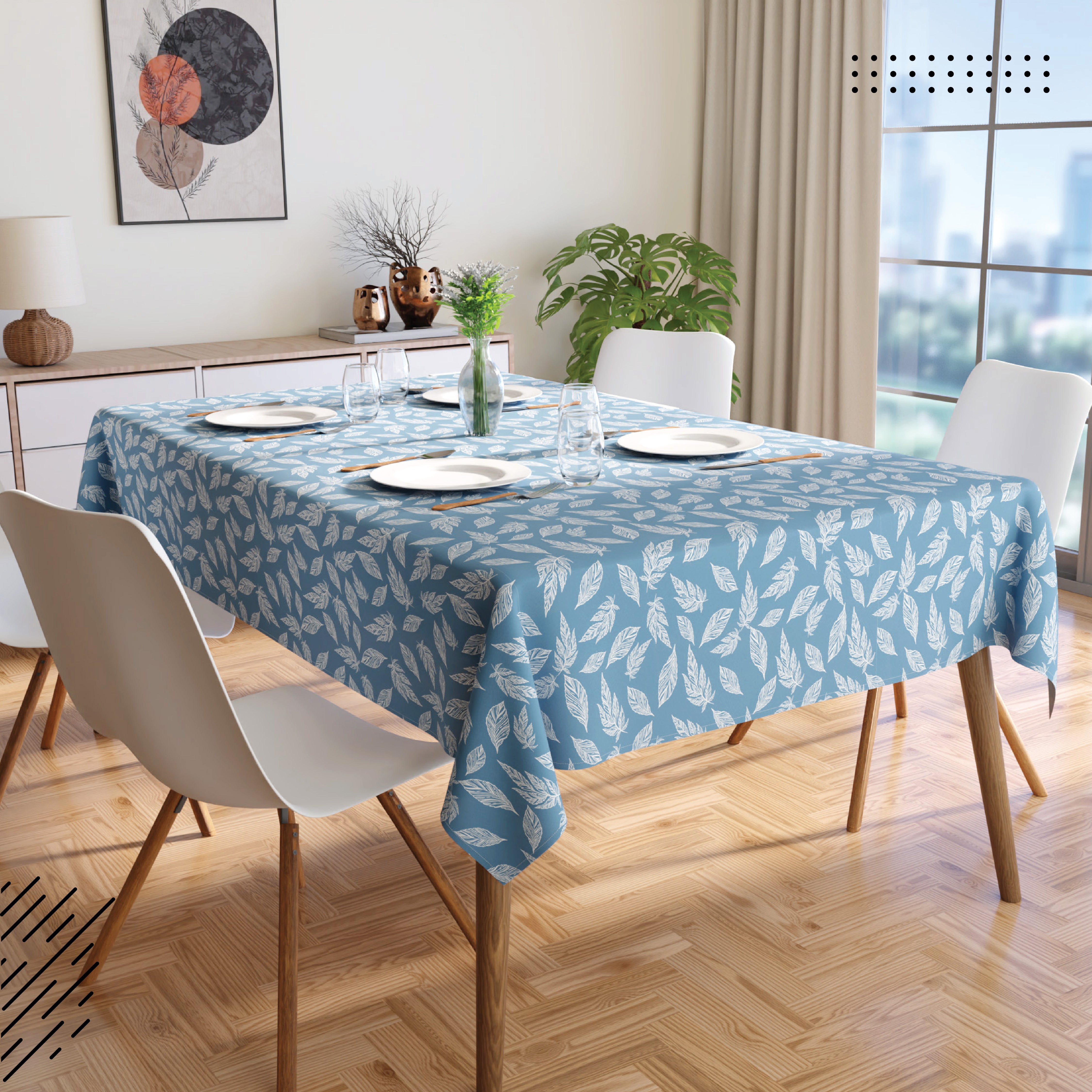 Cotton Big Leaves Blue Table Cloth (Pack of 1)