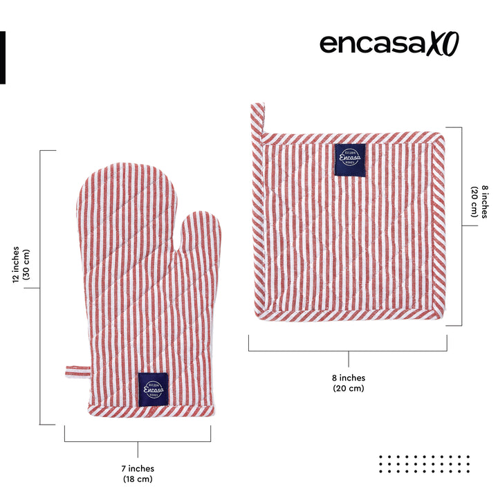 Cotton Ticking Red Oven Glove & Pot Holder