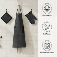 Cotton Butcher Checks Black Apron + Oven Glove + Pot Holder (Pack of 3)