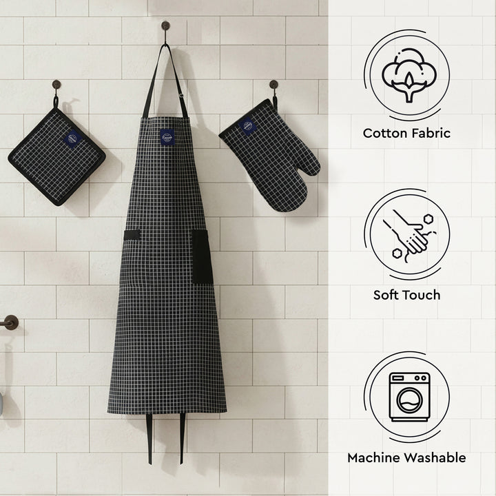 Cotton Butcher Checks Black Apron + Oven Glove + Pot Holder (Pack of 3)