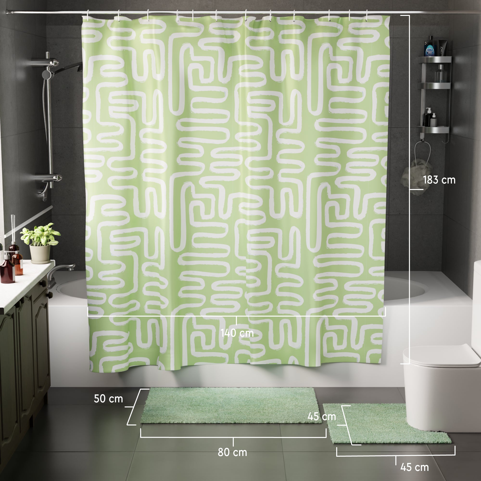 Polyester Maze Sage Combo Shower Curtain + Bathmat (Pack of 3)