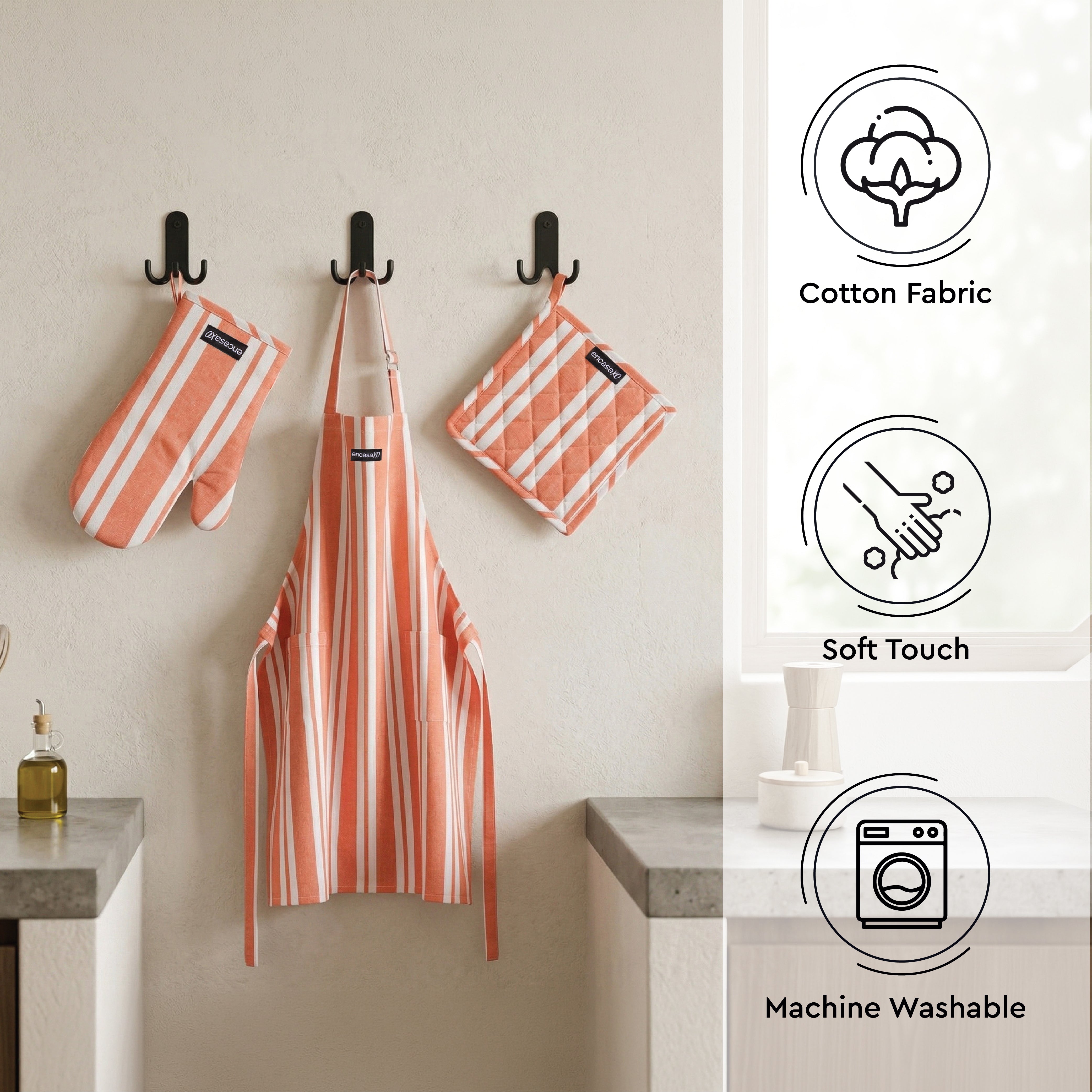 Cotton Franca Orange Stripes Apron + Oven Glove + Pot Holder (Pack of 3)