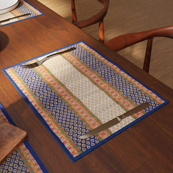Madur Kathi Blue Table Runner+Placemat (Pack of 7)