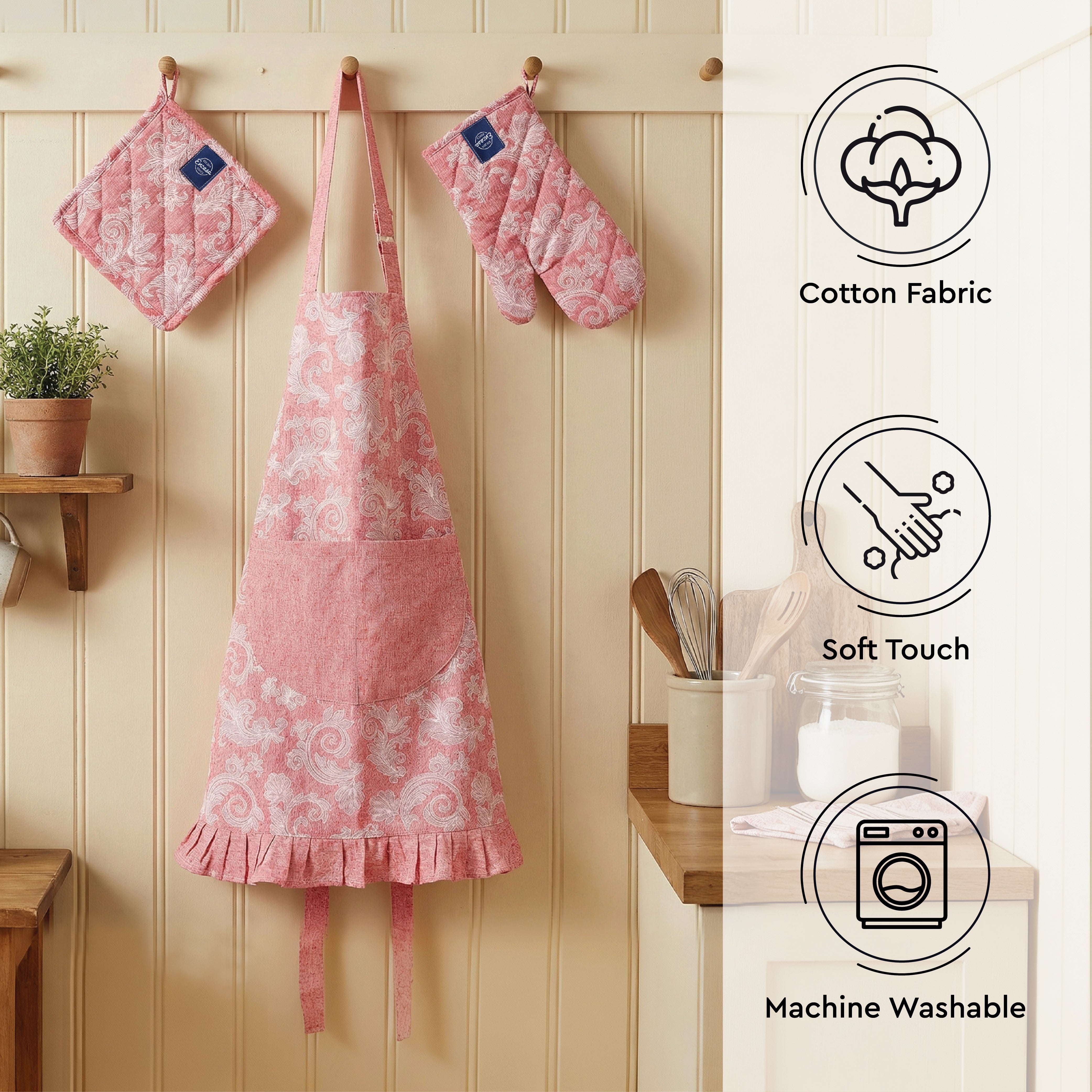 Cotton Floral Red Apron + Oven Glove + Pot Holder (Pack of 3)